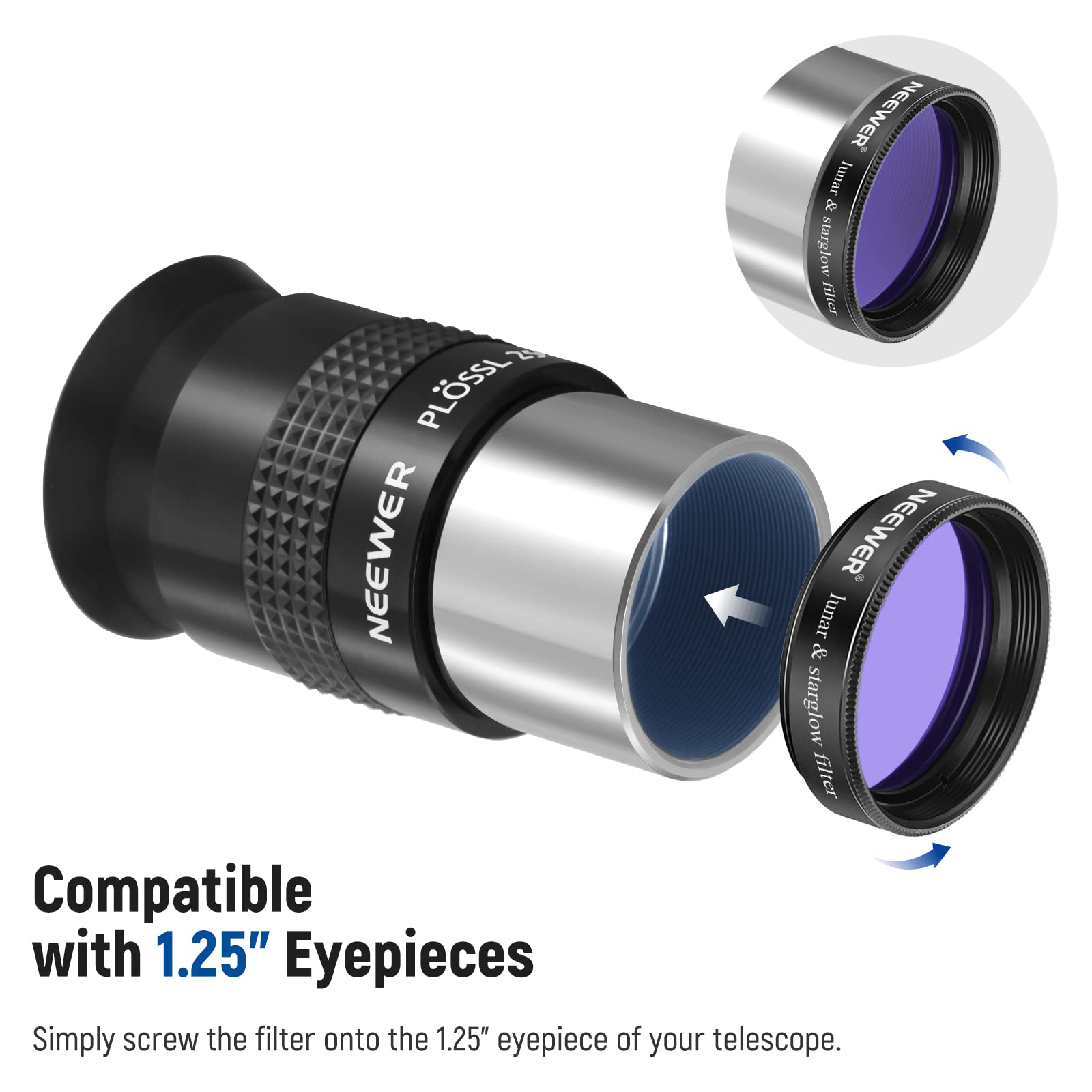 2 PLÖSSL NEENER NEENER lunar & starglow filter NEENER lunar & starglow filter Compatible with 1.25" Eyepieces Simply screw the filter onto the 1.25" eyepiece of your telescope.