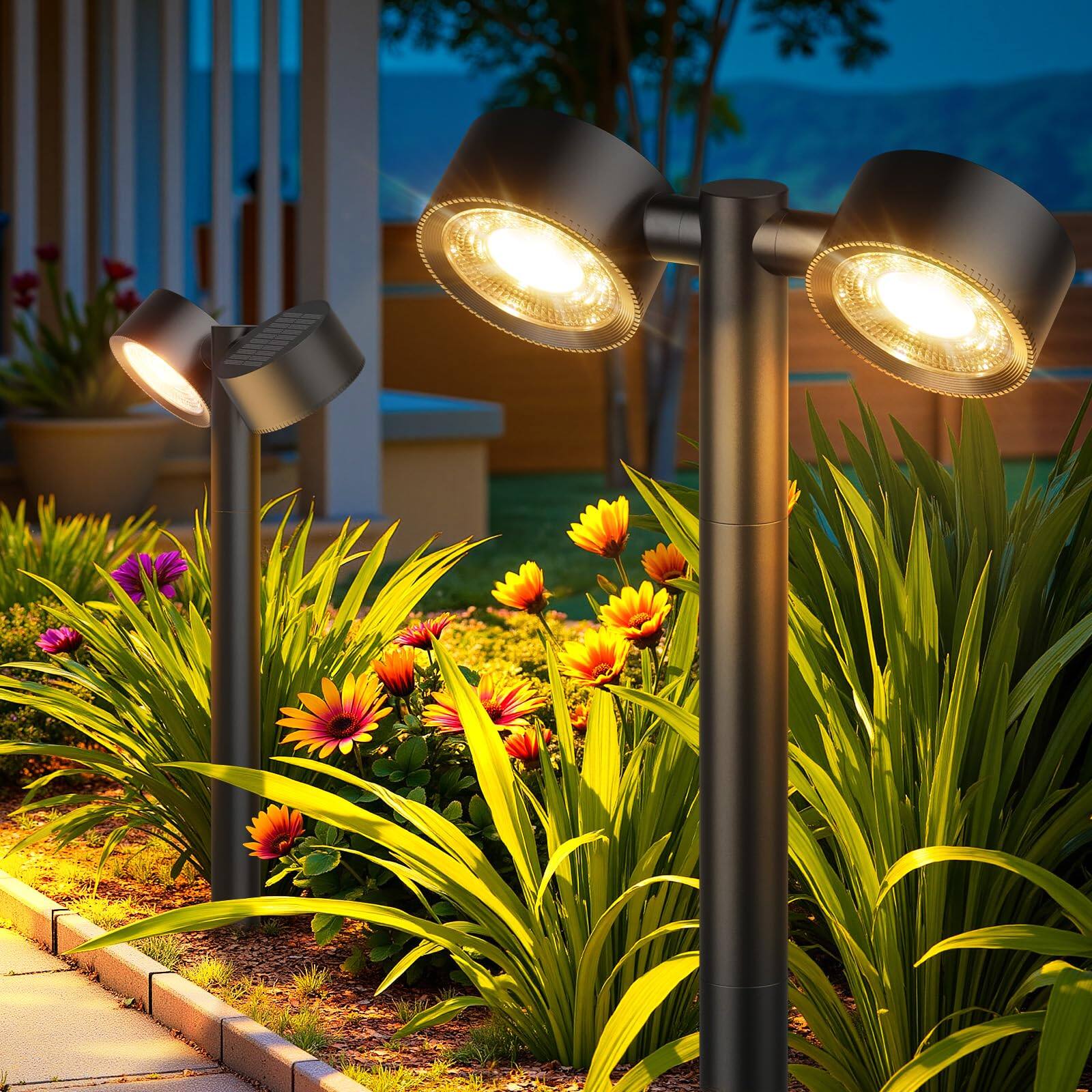 Angle. Dazzed Corner - 4 Pack Solar Pathway Lights Outdoor,Dual-Head Pathway Lights - Black.
