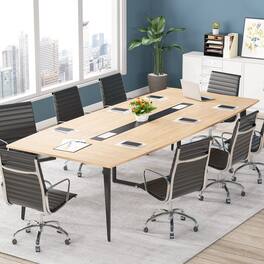 Tribesigns - 94.5-Inch Conference Table with Boat-Shaped Top and Cable Grommets for Office Meetings or Training - Light Wood Grain