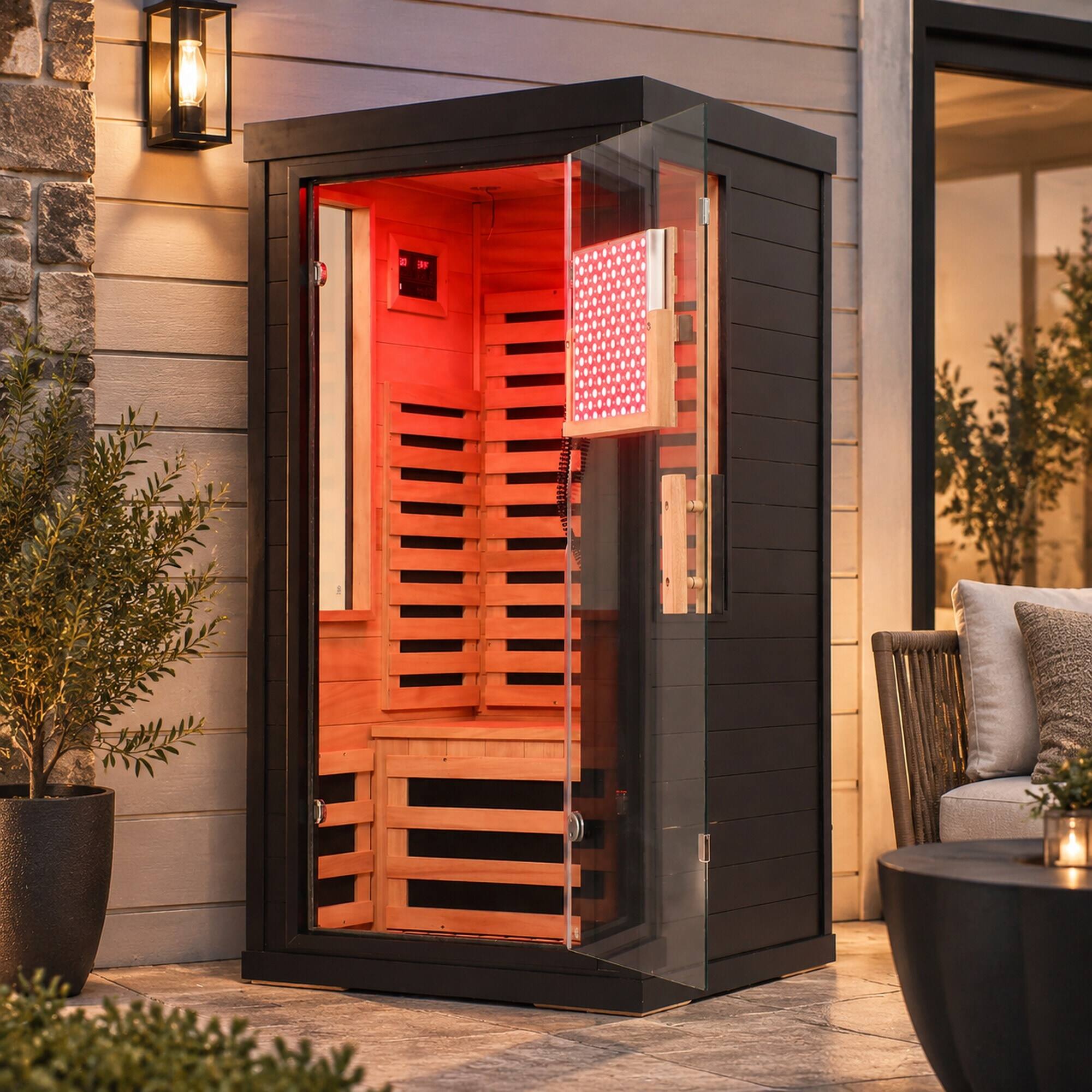 Angle. RYHNUYNE - Far Infrared Sauna for One or Two People, Canadian Hemlock, Red Light Therapy, Bluetooth, 31.5 - Black.