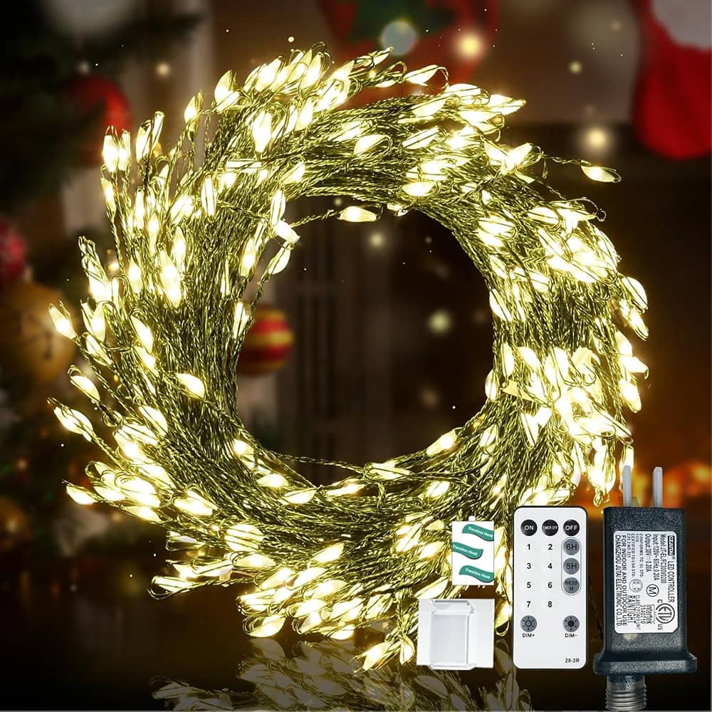 THIRSTY TURTLE - 26ft Plug-In Fairy Lights, 300-LED Warm White Cluster with Remote