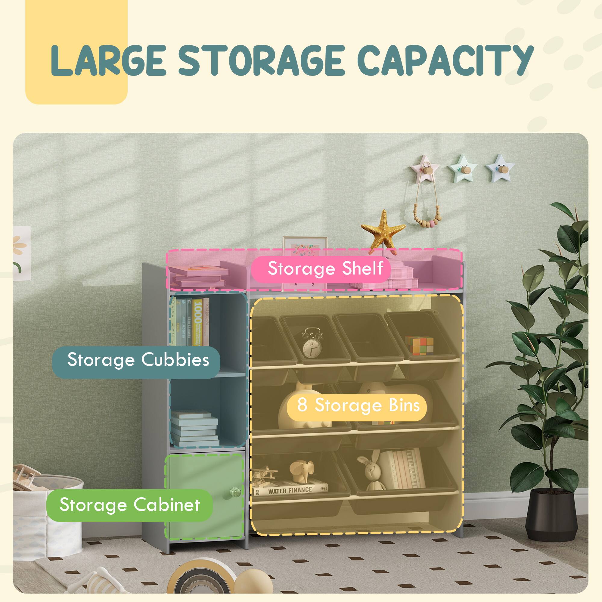 LARGE STORAGE CAPACITY

- Storage Shelf
- Storage Cubbies
- 8 Storage Bins
- Storage Cabinet