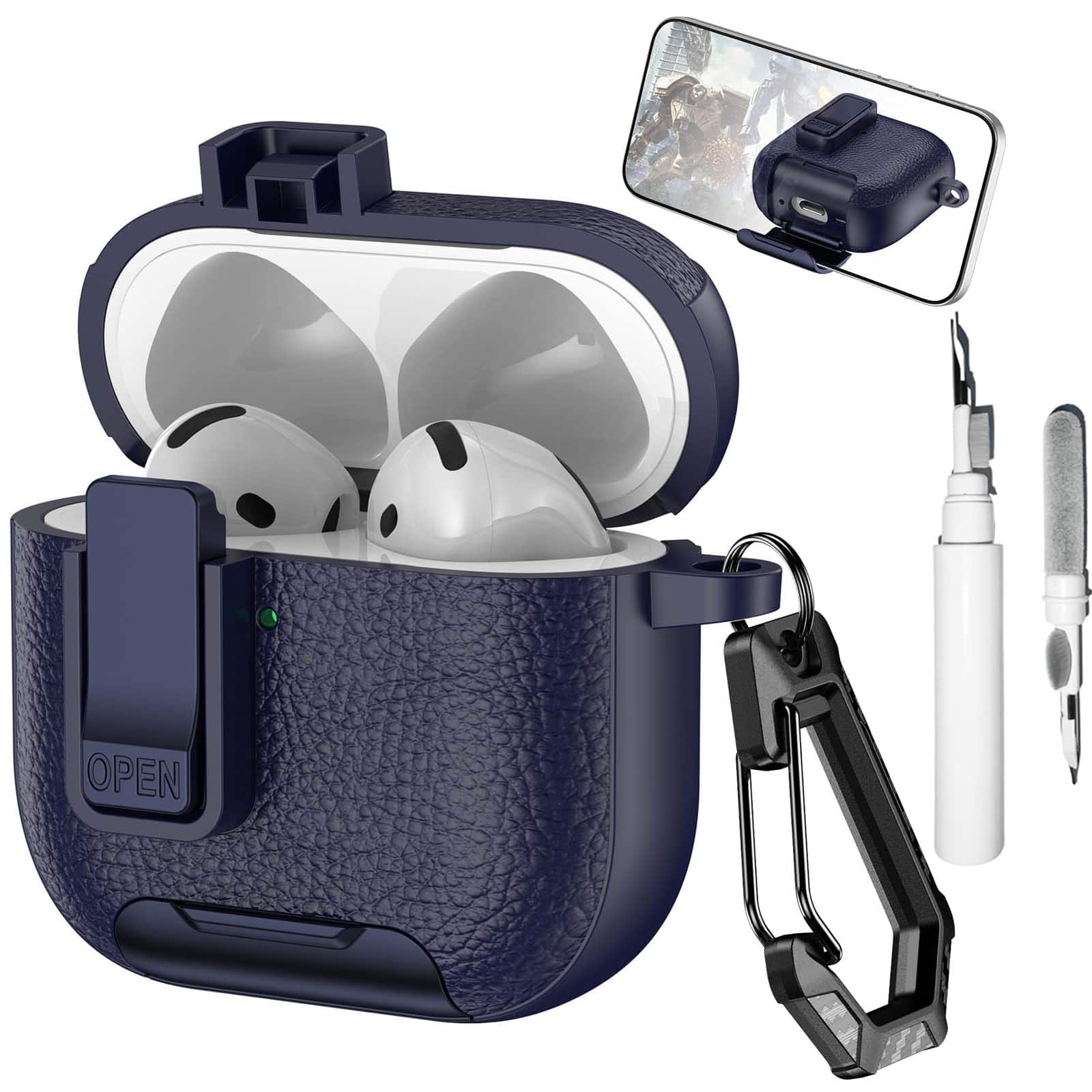 Dteck - Earphone Case for Apple Airpods 4th Gen with Phone Holder & Keychain,Leather Texture Earbuds Cover for Man Women - Darkblue