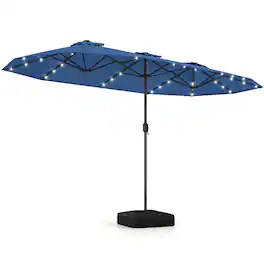 Costway - 13FT Double-sided Patio Umbrella with Solar Lights Crank Handle Umbrella Base - Navy