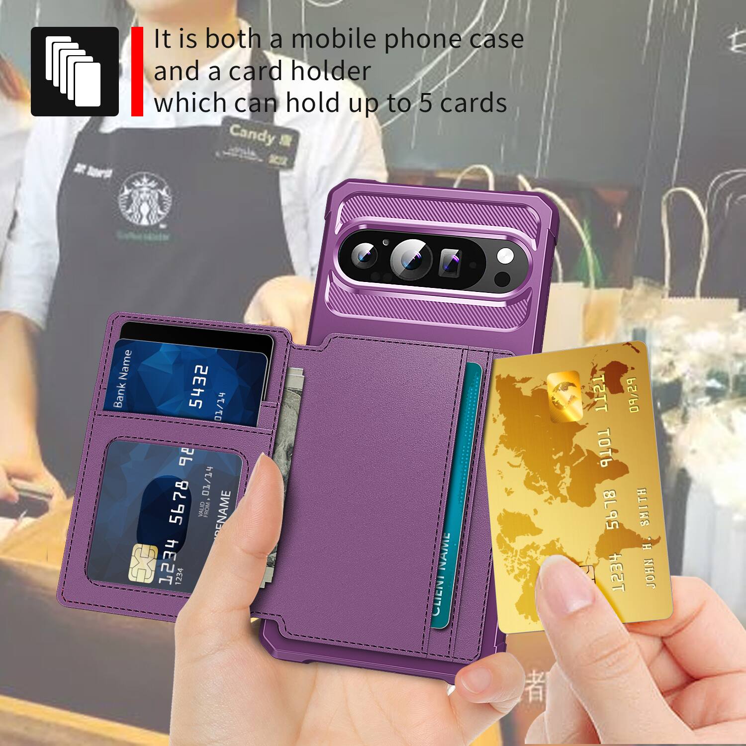 It is both a mobile phone case and a card holder which can hold up to 5 cards.

Candy

Name: 5432 Bank 01/14 98 5678 01/14 VALID FROM ENAME SECO he2t 1234

NAME CLIENT

TTST 09/29 5678 SMITH H. TEST JOHN