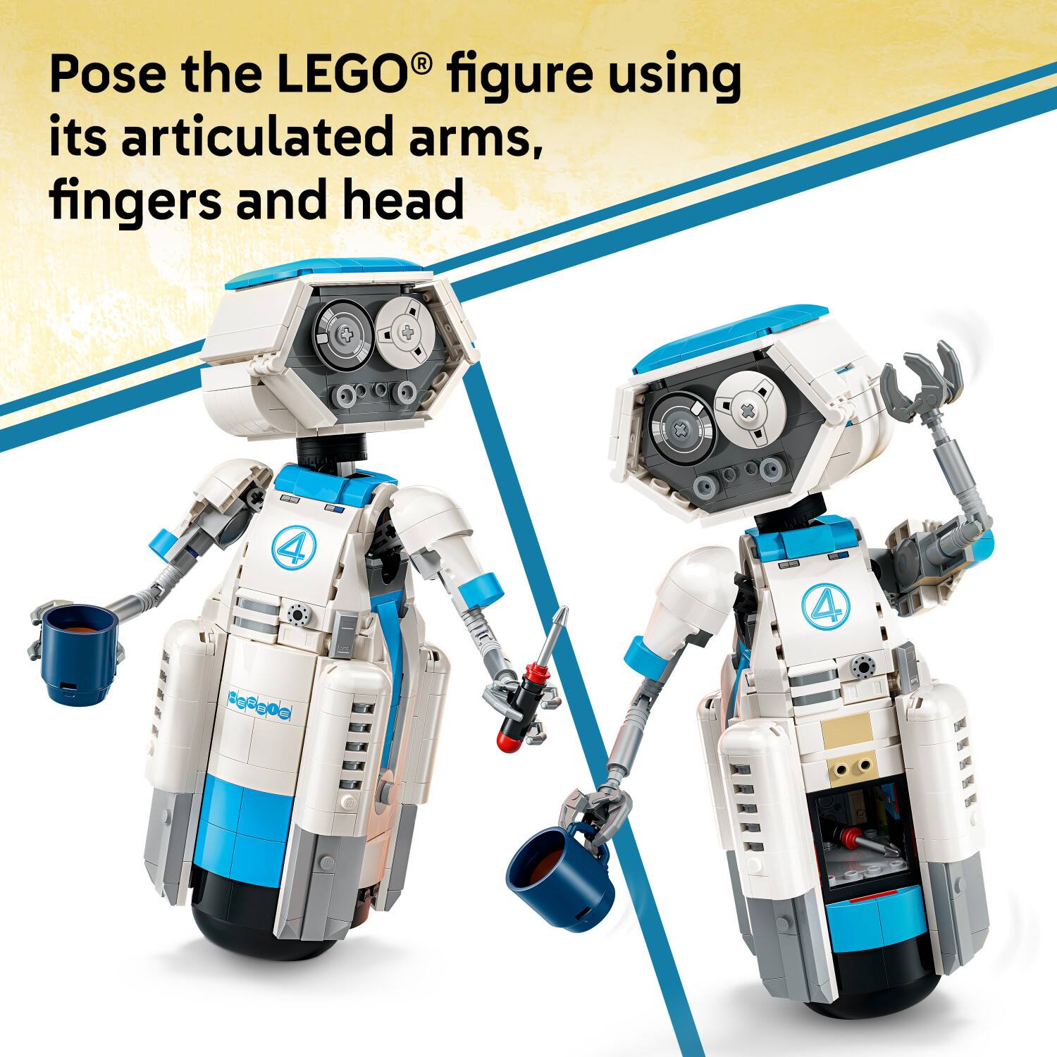 Pose the LEGO® figure using its articulated arms, fingers and head