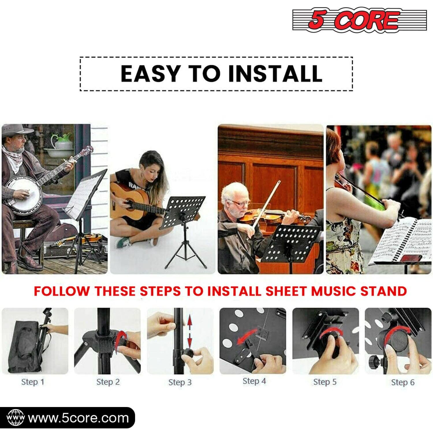 5 CORE

EASY TO INSTALL

FOLLOW THESE STEPS TO INSTALL SHEET MUSIC STAND

Step 1
Step 2
Step 3
Step 4
Step 5
Step 6

www.5core.com
