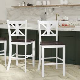 Emma + Oliver - Lara Set of 2 Wooden Modern Farmhouse Bar Height Dining Stool with Decorative Carved Backrest and Wood Seat - White Wash