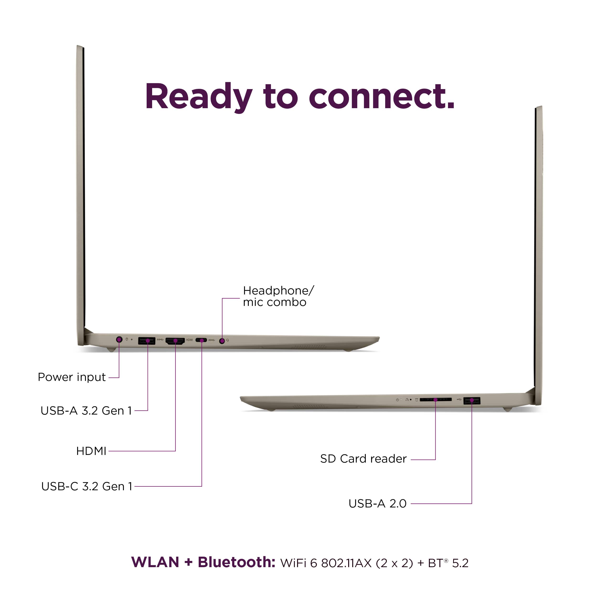 Ready to connect. Headphone/mic combo. 1 Power input. USB-A 3.2 Gen 1. HDMI. SD Card reader. USB-C 3.2 Gen 1. USB-A 2.0. WLAN + Bluetooth: WiFi 6 802.11AX (2x2) (2 x 2) + BT* 5.2.