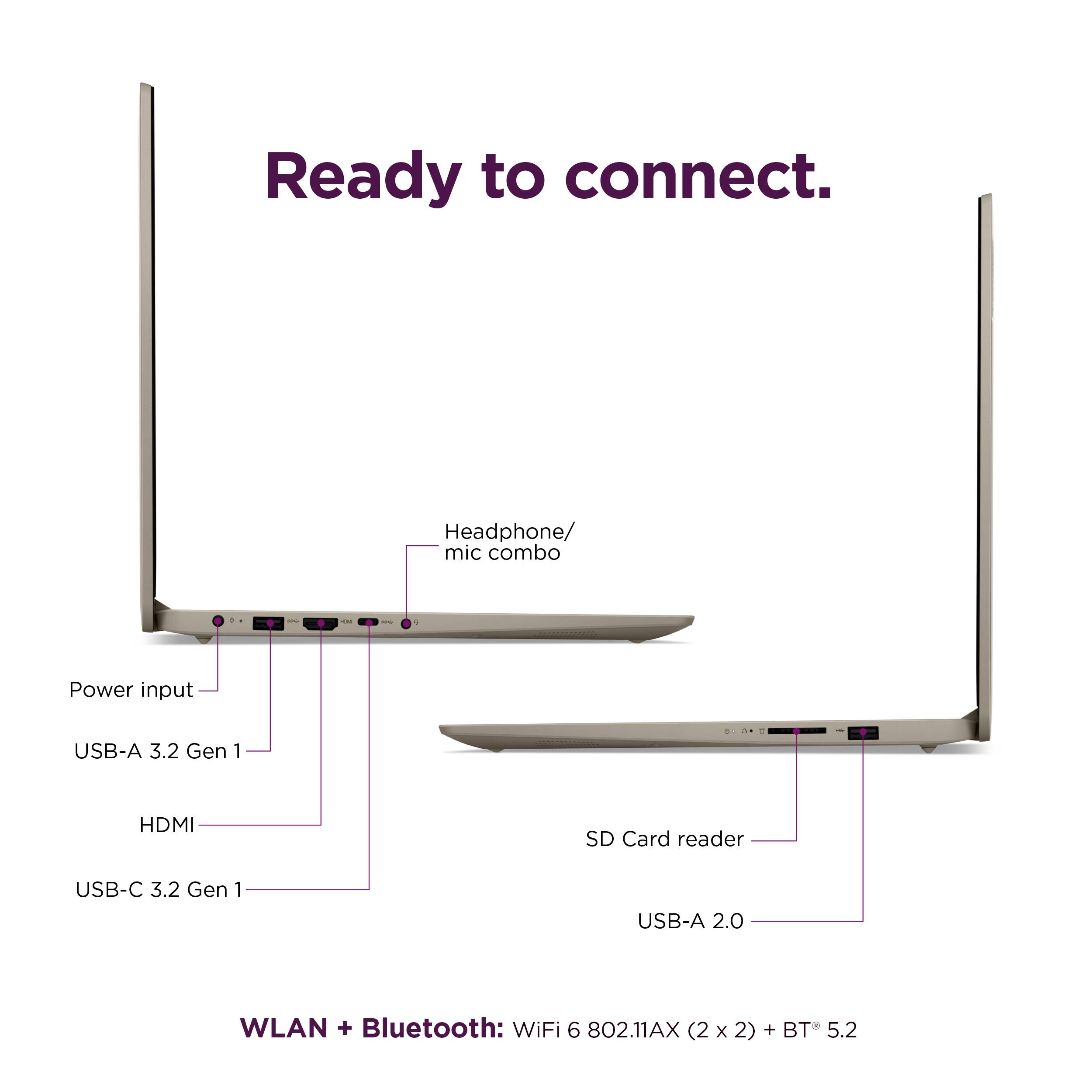 Ready to connect. Headphone/mic combo. 1 Power input. USB-A 3.2 Gen 1. HDMI. SD Card reader. USB-C 3.2 Gen 1. USB-A 2.0. WLAN + Bluetooth: WiFi 6 802.11AX (2x2) (2 x 2) + BT* 5.2.