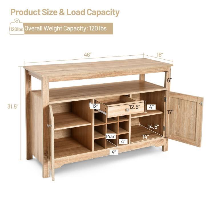 Product Size & Load Capacity

Overall Weight Capacity: 120 lbs

- Length: 46"
- Width: 16"
- Height: 31.5"
- Shelf 1: 12" x 12.5"
- Shelf 2: 14" x 14.5"
- Shelf 3: 14" x 14.5"
- Drawer: 12" x 12.5"
- Door: 17" x 14.5"