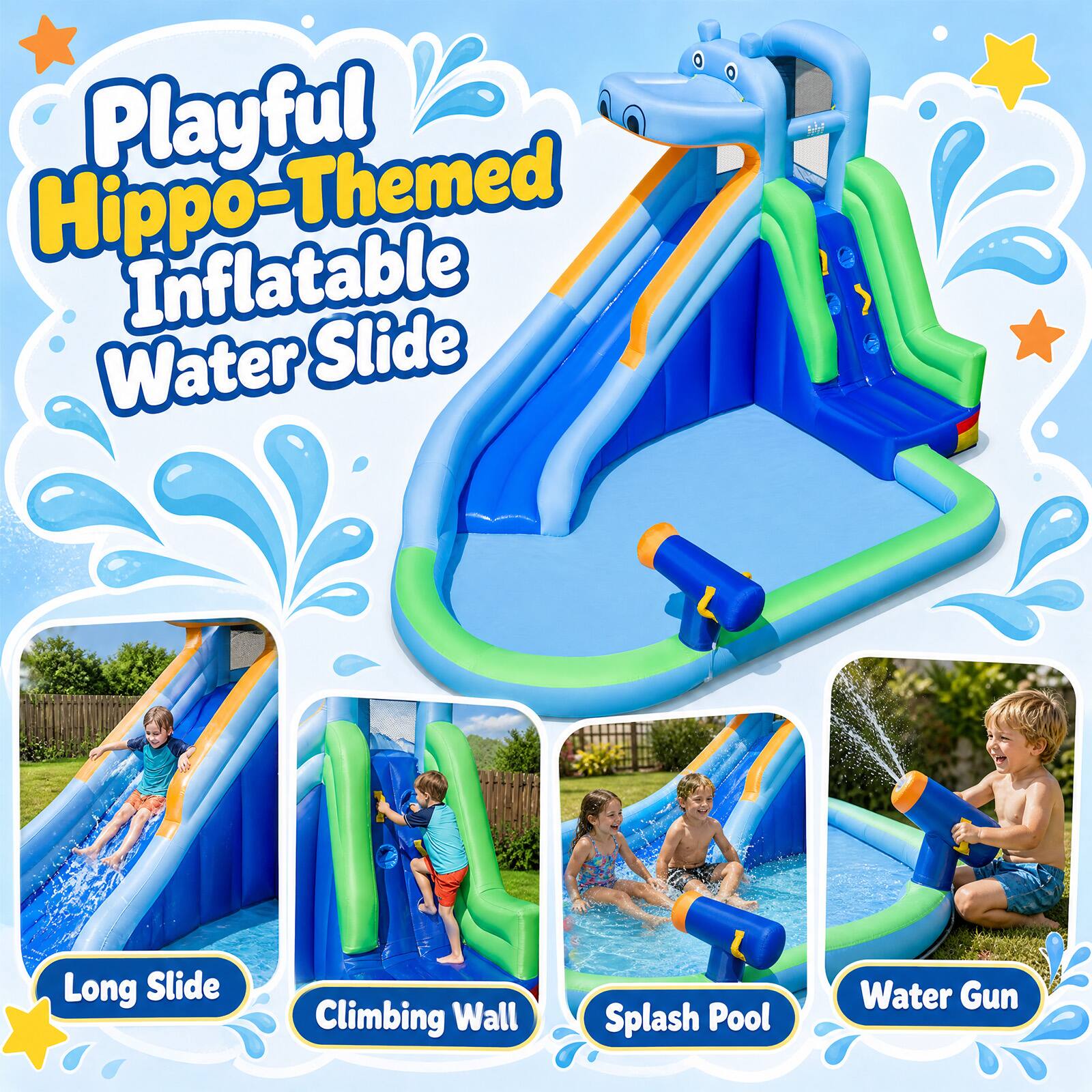 Playful Hippo-Themed Inflatable Water Slide

- Long Slide
- Climbing Wall
- Splash Pool
- Water Gun