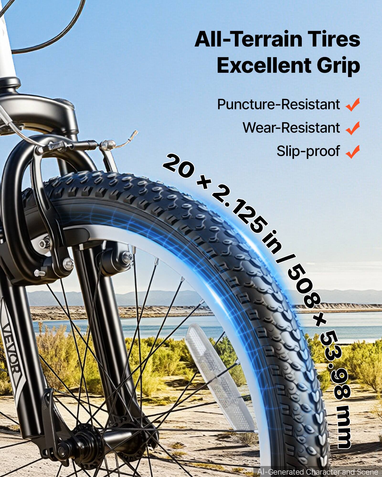VEVOR  
All-Terrain Tires  
Excellent Grip  
Puncture-Resistant  
Wear-Resistant  
Slip-proof  
20 x 2.125 in / 508 x 53.98 mm  
AI-Generated Character and Scene