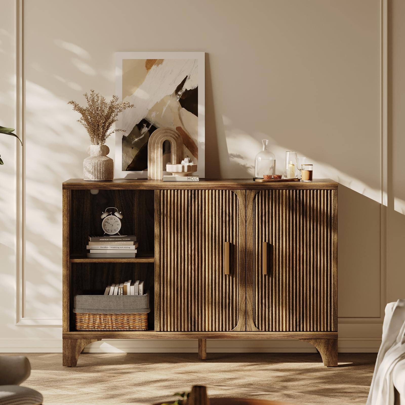 Front. Sugift - 47" Mid Century Fluted Buffet Cabinet with Storage Accent Sideboard and Credenza Console for Kitchen and Living Room - Brwon.