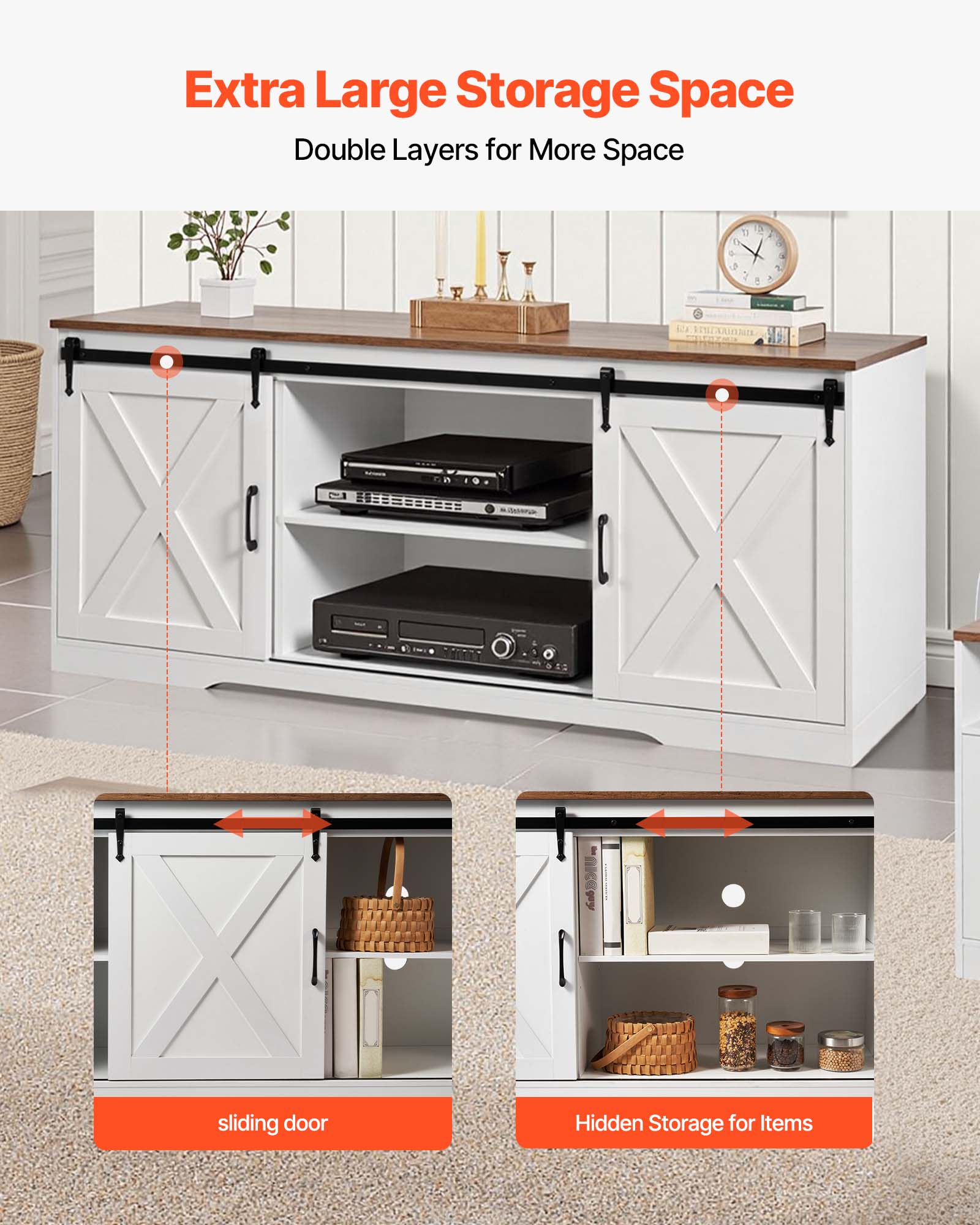 Extra Large Storage Space, Double Layers for More Space, sliding door, Hidden Storage for Items