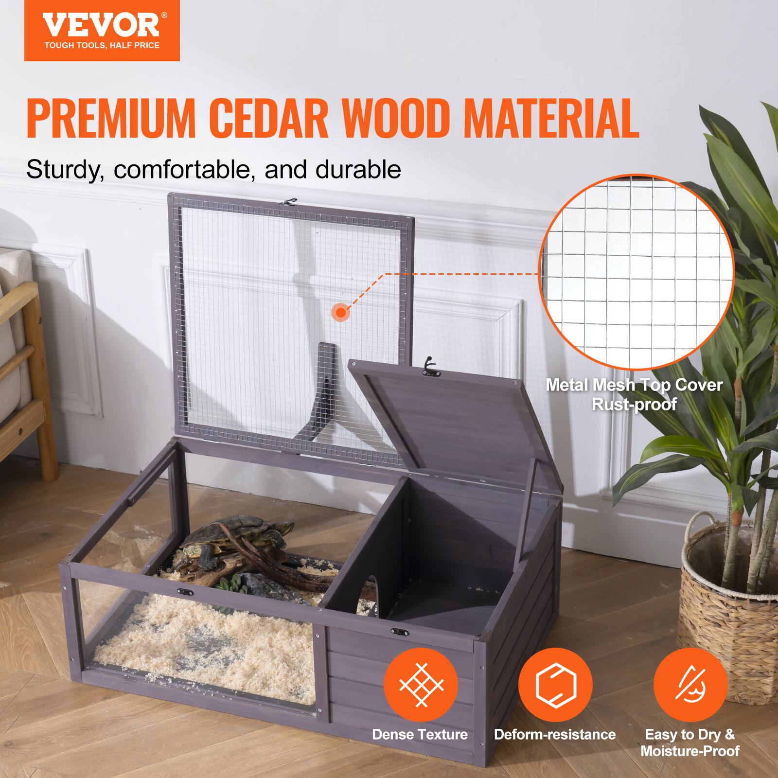 VEVOR  
TOUGH TOOLS, HALF PRICE

PREMIUM CEDAR WOOD MATERIAL  
Sturdy, comfortable, and durable

- Metal Mesh Top Cover  
  Rust-proof

- Dense Texture

- Deform-resistance

- Easy to Dry & Moisture-Proof