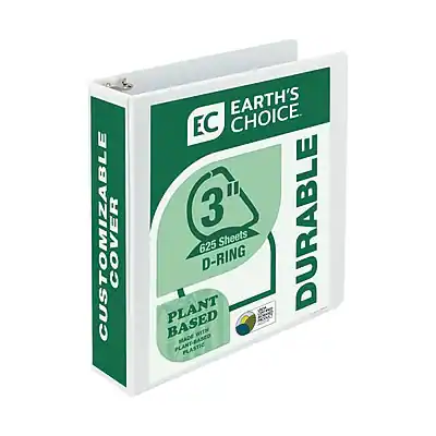 EARTH'S CHOICE
EC
CUSTOMIZABLE COVER
DURABLE
3" D-RING
625 Sheets
PLANT BASED
MADE WITH PLANT-BASED PLASTIC