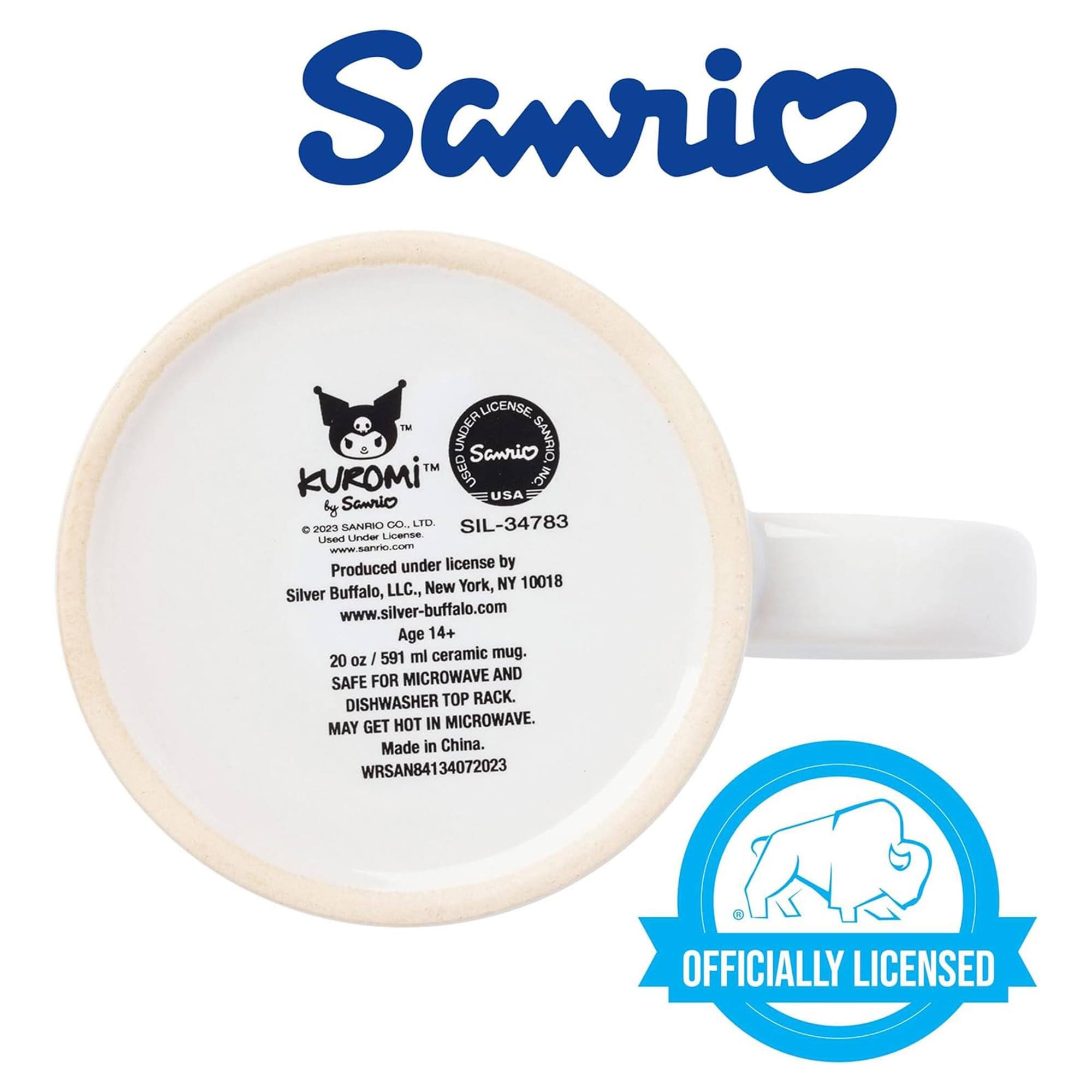 Sanrio LICENSE M UNDER Sanrio SANRIO TM USED KUROMI MC USA  
© 2023 SANRIO CO., LTD. SIL-34783  
Used Under License www.sanrio.com  
Produced under license by Silver Buffalo, LLC., www.silver-buffalo.com  
Age 14+  
20 oz / 591 ml ceramic mug.  
FOR MICROWAVE AND DISHWASHER TOP RACK.  
MAY GET HOT IN MICROWAVE.  
Made in China.  
WRSAN84134072023  
OFFICIALLY LICENSED