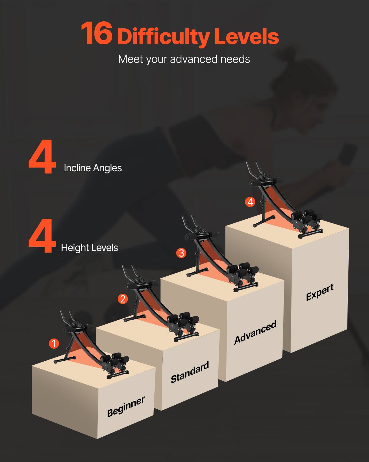 16 Difficulty Levels  
Meet your advanced needs  

4 Incline Angles  
4 Height Levels  

1 Beginner  
2 Standard  
3 Advanced  
4 Expert