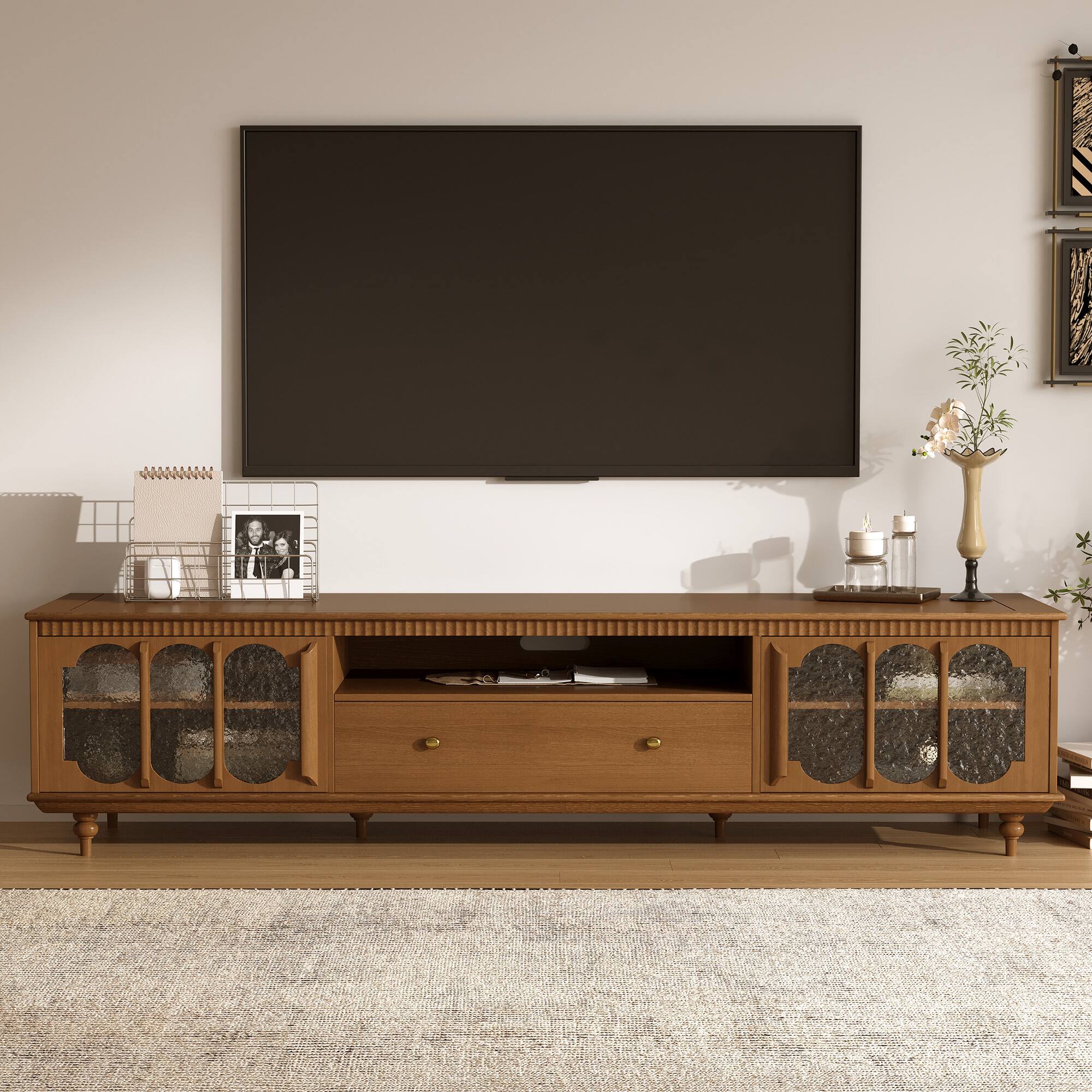 Angle. luck idea - Farmhouse 78.74" TV Stand with Large Drawers & Removable Shelves - Metal Handles & Solid Wood Legs - Walnut Color.