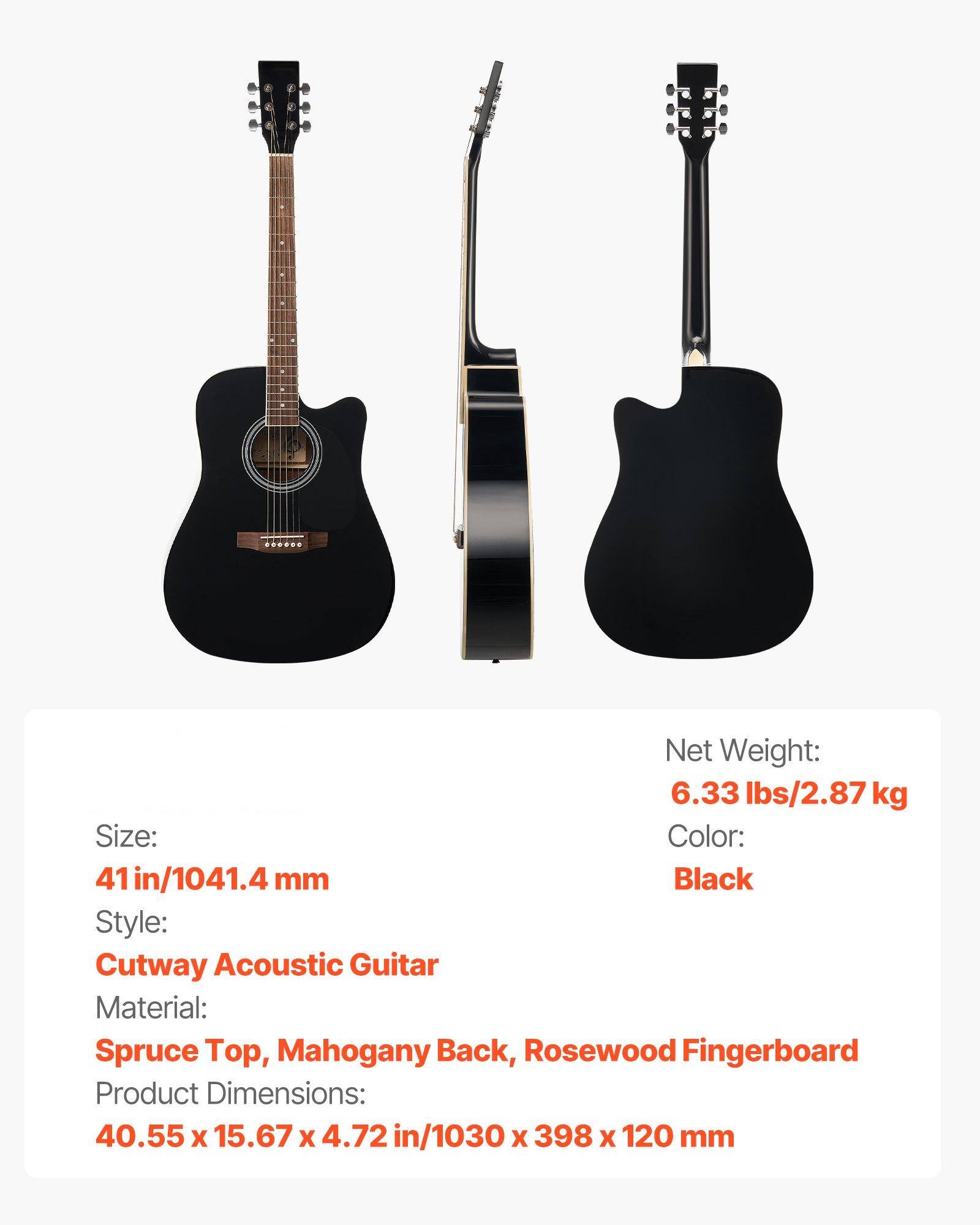- **Net Weight:** 6.33 lbs/2.87 kg
- **Size:** 41 in/1041.4 mm
- **Color:** Black
- **Style:** Cutway Acoustic Guitar
- **Material:** Spruce Top, Mahogany Back, Rosewood Fingerboard
- **Product Dimensions:** 40.55 x 15.67 x 4.72 in/1030 x 398 x 120 mm