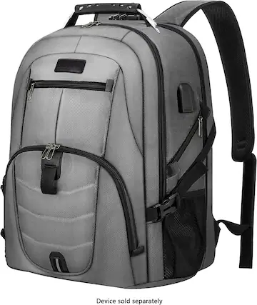 The image features a backpack with a black strap and a gray color. The backpack is designed to carry a laptop, and it is advertised as a SAHARA device. However, the device is not included in the backpack and must be purchased separately.