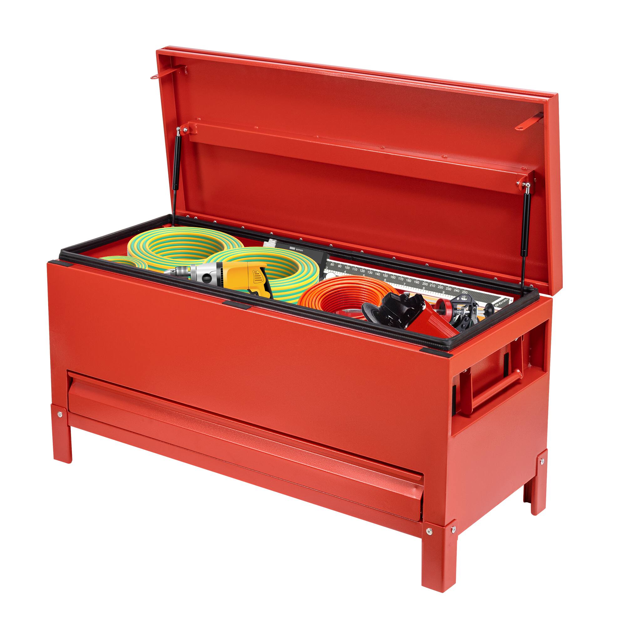 Front. GARVEE - 48" Heavy-Duty Aluminum Truck Tool Box With Drawer & Hydraulic Lift, T-Handle Lock, Weatherproof Secure Storage, Red - Red.