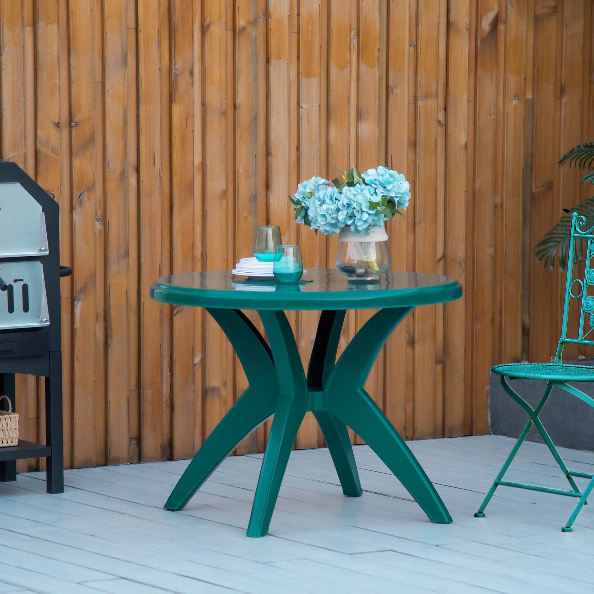Alt View 1. Outsunny - Dia Round Plastic Patio Table with Umbrella Hole, Outdoor Bistro Dining Table, for Bar, Garden, Backyard, Poolside - Green.