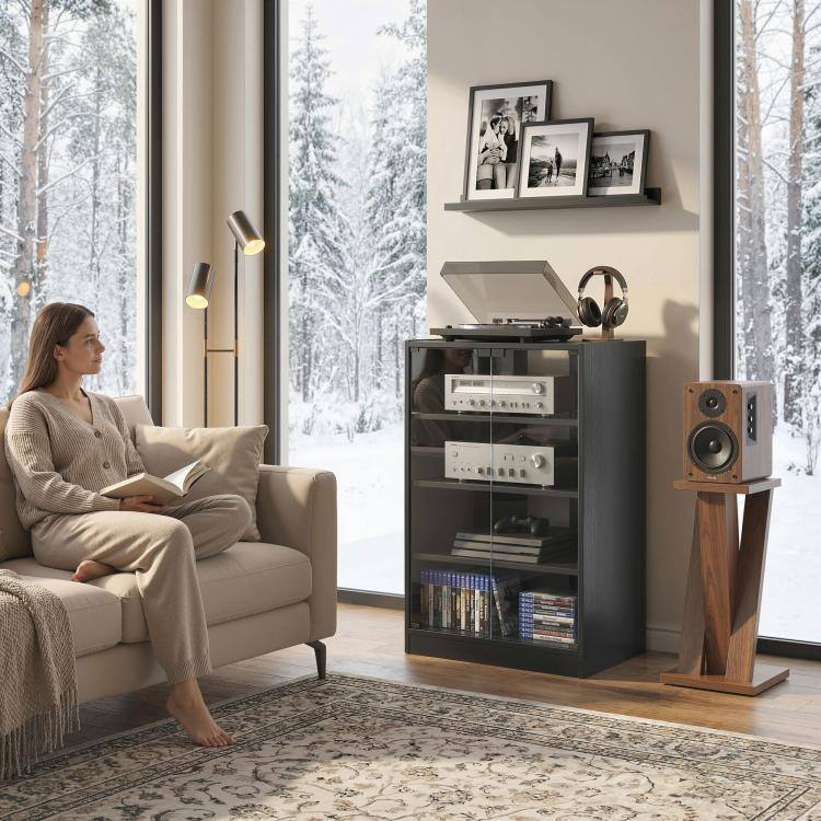 Alt View 1. PULUZ - Media Cabinet, 4-Tier Stereo Cabinet for Vinyl Record Player, Gaming Console, AV Record Player Stand - Black.