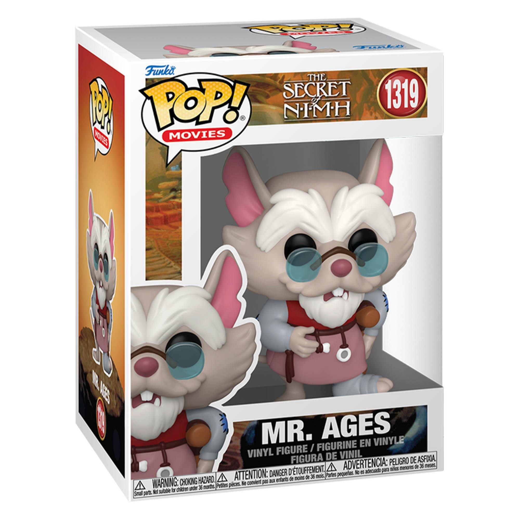 **Front:**
- Funko POP! Movies
- The Secret of NIMH
- 1319
- Mr. Ages
- Vinyl Figure / Figurine en Vinyle / Figura de Vinilo / Figura de Vinil

**Side:**
- WARNING: CHOKING HAZARD - Small parts. Not for children under 3 years.
- ATTENTION: PELIGRO DE ASFIXIA - Piezas pequeñas. No es adecuado para niños menores de 3 años.
- ADVERTENCIA: PELIGRO DE ASFIXIA - Partes pequeñas, no conviene para menores de 36 meses.

**Bottom:**
- WARNING: CHOKING HAZARD - Small parts. Not for children under 3 years.
- ATTENTION: PELIGRO DE ASFIXIA - Piezas pequeñas. No es adecuado para niños menores de 3 años.
- ADVERTENCIA: PELIGRO DE ASFIXIA - Partes pequeñas, no conviene para menores de 36 meses.