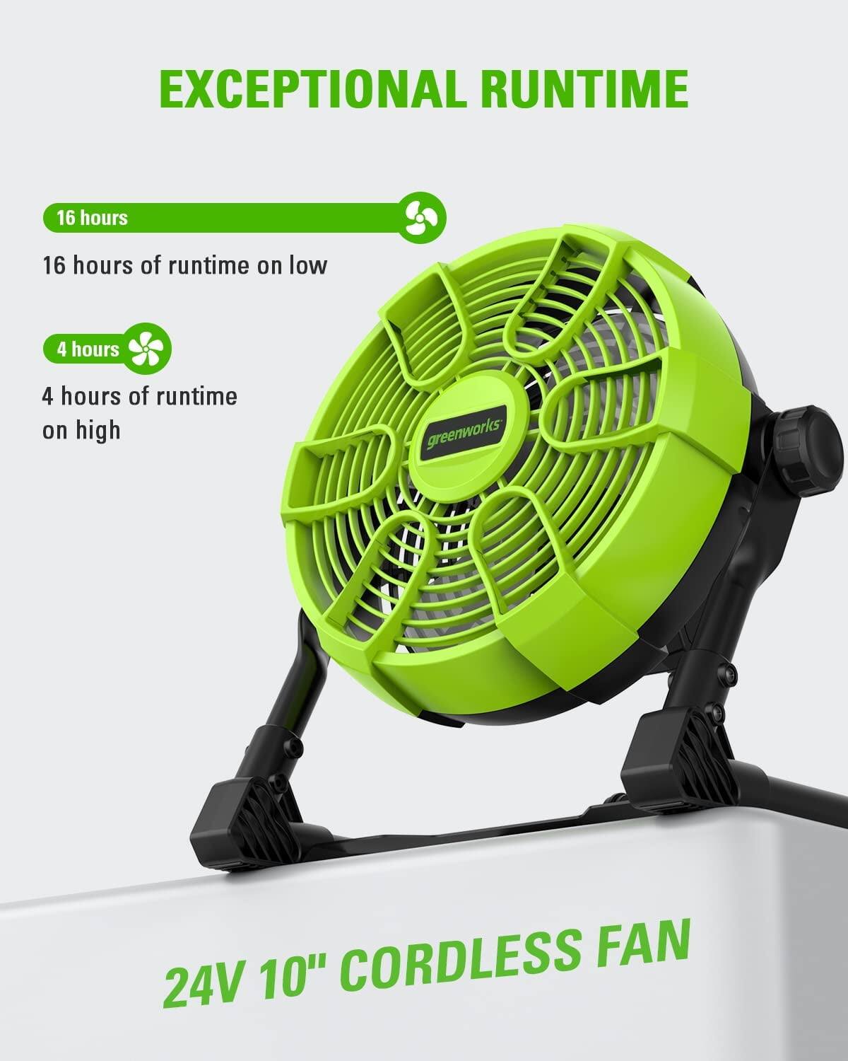 EXCEPTIONAL RUNTIME

16 hours of runtime on low

4 hours of runtime on high

24V 10" CORDLESS FAN