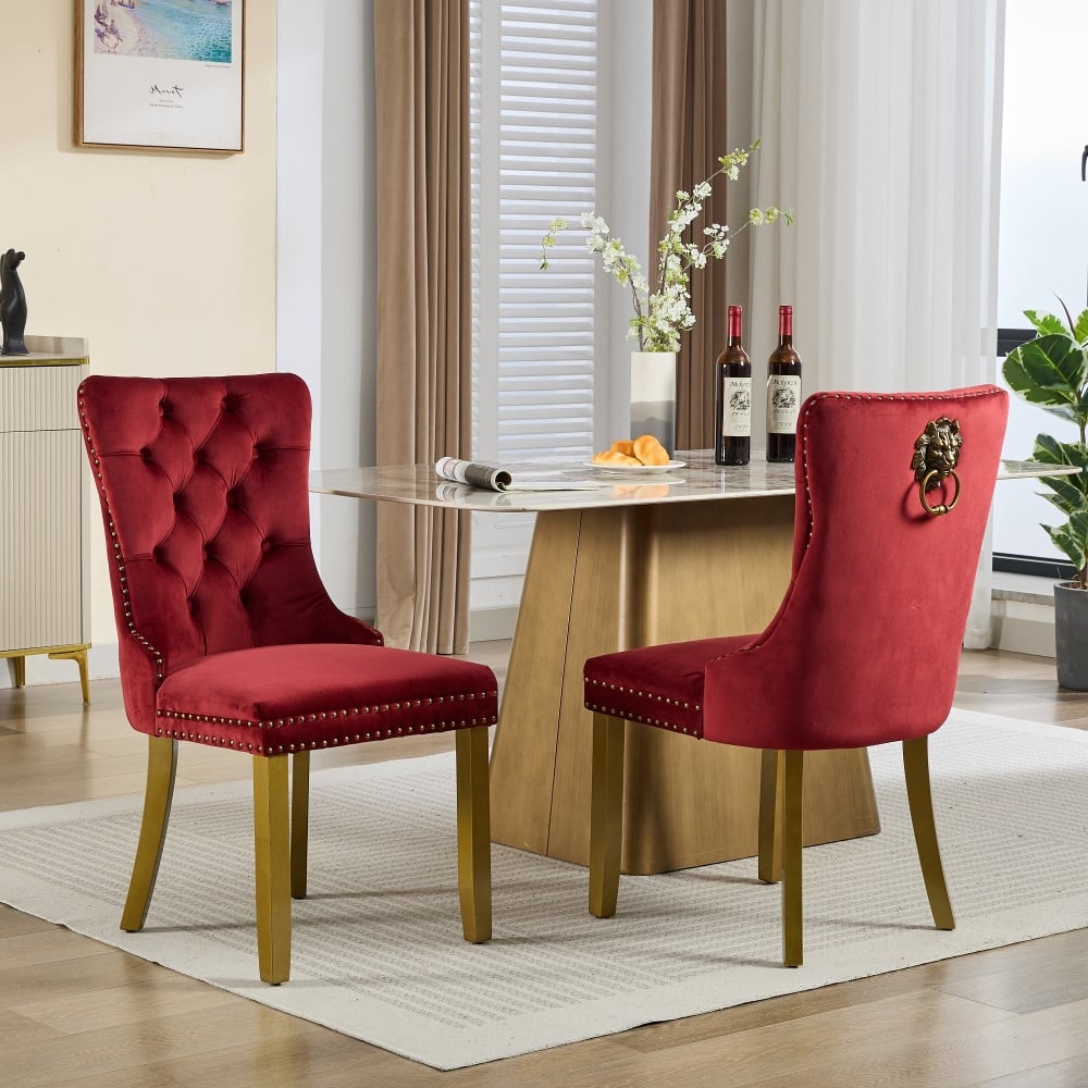 Loheer - Velvet Dining Chairs Set of 2 Tufted Solid Wood Golden Legs - Wine Red