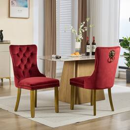 Loheer - Velvet Dining Chairs Set of 2 Tufted Solid Wood Golden Legs - Wine Red