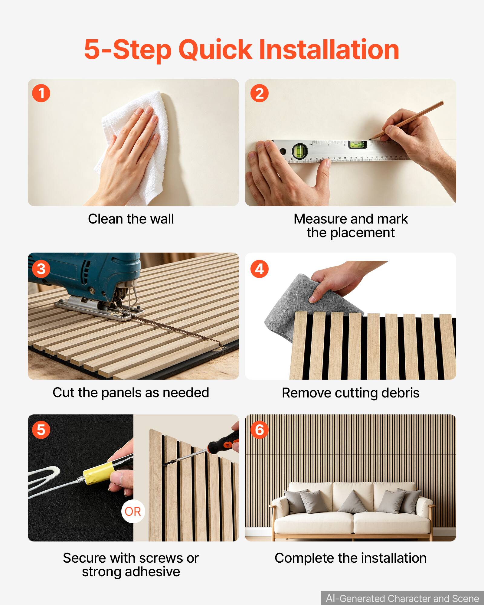 5-Step Quick Installation

1. Clean the wall
2. Measure and mark the placement
3. Cut the panels as needed
4. Remove cutting debris
5. Secure with screws or strong adhesive
6. Complete the installation