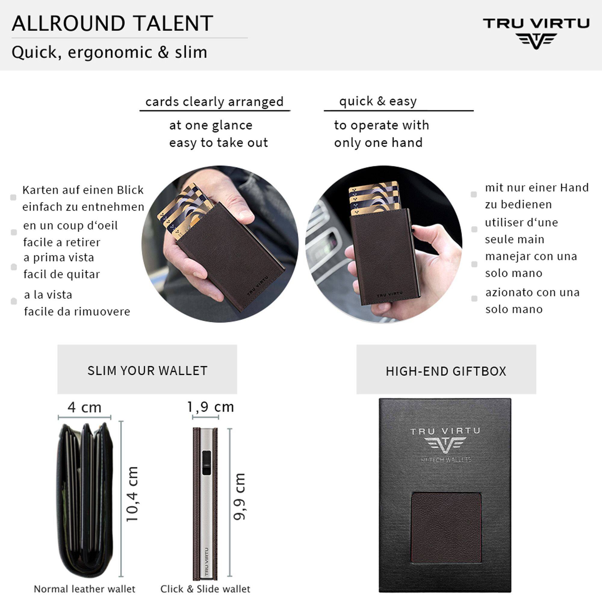 ALLROUND TALENT  
Quick, ergonomic & slim

cards clearly arranged  
at one glance  
easy to take out

Karten auf einen Blick  
einfach zu entnehmen  
en un coup d'oeil  
facile à retirer  
a prima vista  
facil de quitar  
a la vista  
facile da rimuovere

quick & easy  
to operate with  
only one hand

mit nur einer Hand zu bedienen  
utiliser d'une seule main  
manejar con una sola mano  
azione con una sola mano

SLIM YOUR WALLET

4 cm  
1,9 cm

Normal leather wallet  
10,4 cm

Click & Slide wallet  
9,9 cm

HIGH-END GIFTBOX