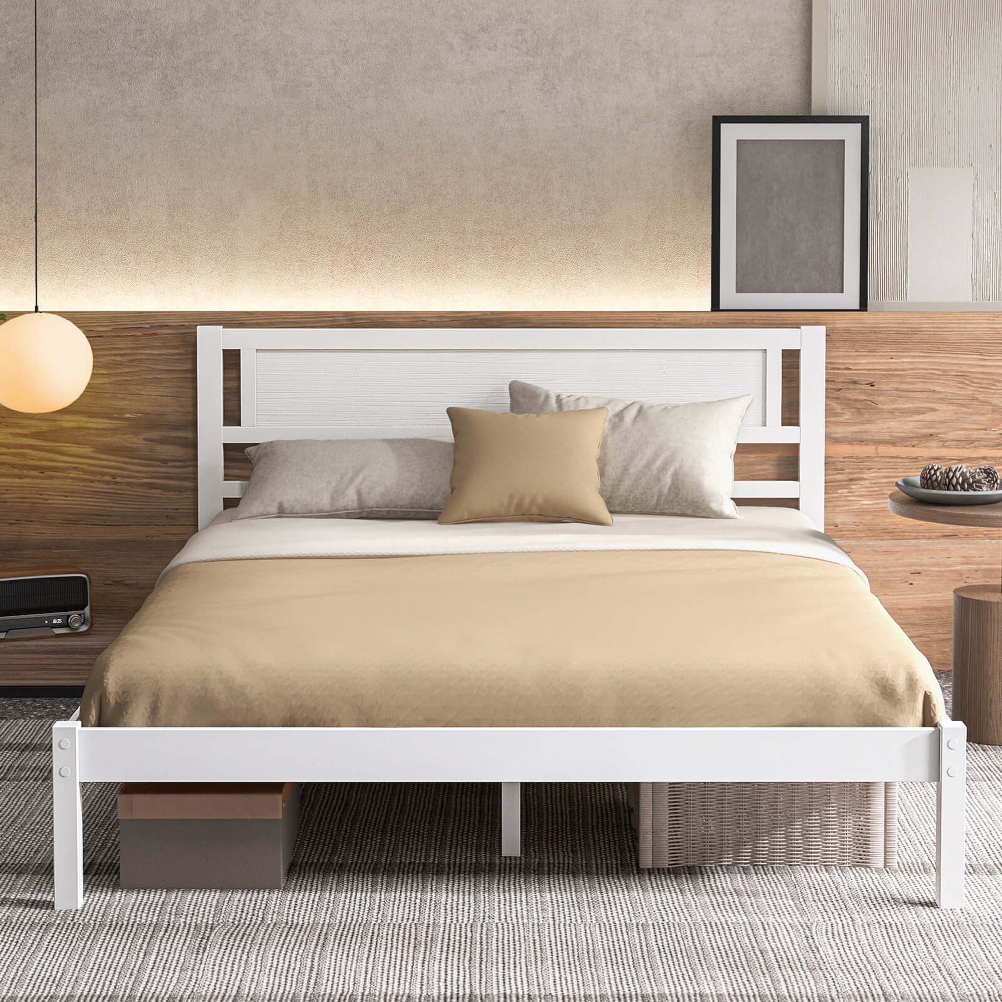 Alt View 1. Costway - Queen Wooden Platform Bed with 12 Slats Headboard & Under Bed Storage - White.