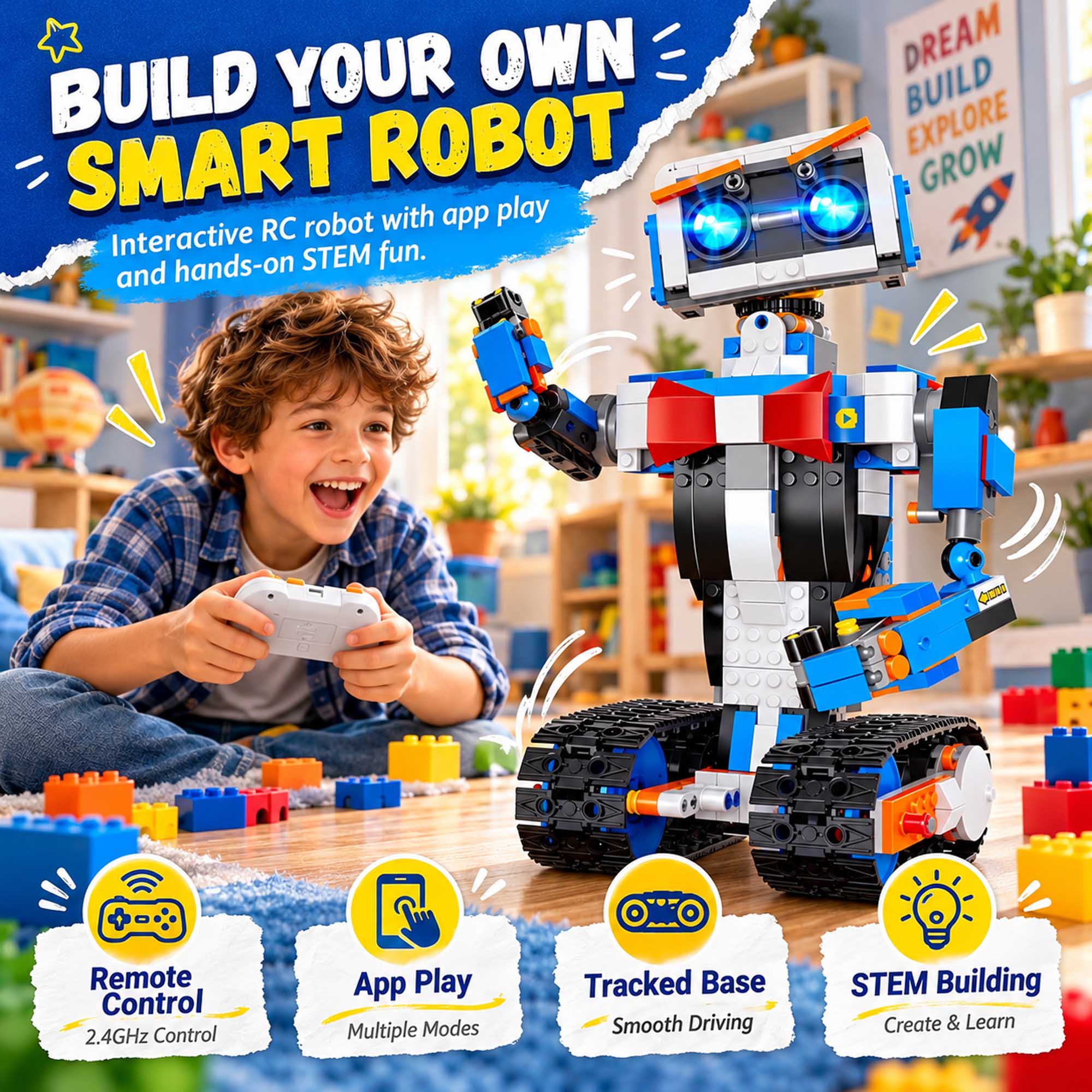 BUILD YOUR OWN SMART ROBOT  
Interactive RC robot with app play and hands-on STEM fun.  

DREAM BUILD EXPLORE GROW  

Remote Control 2.4GHz Control  
App Play Multiple Modes  
Tracked Base Smooth Driving  
STEM Building Create & Learn
