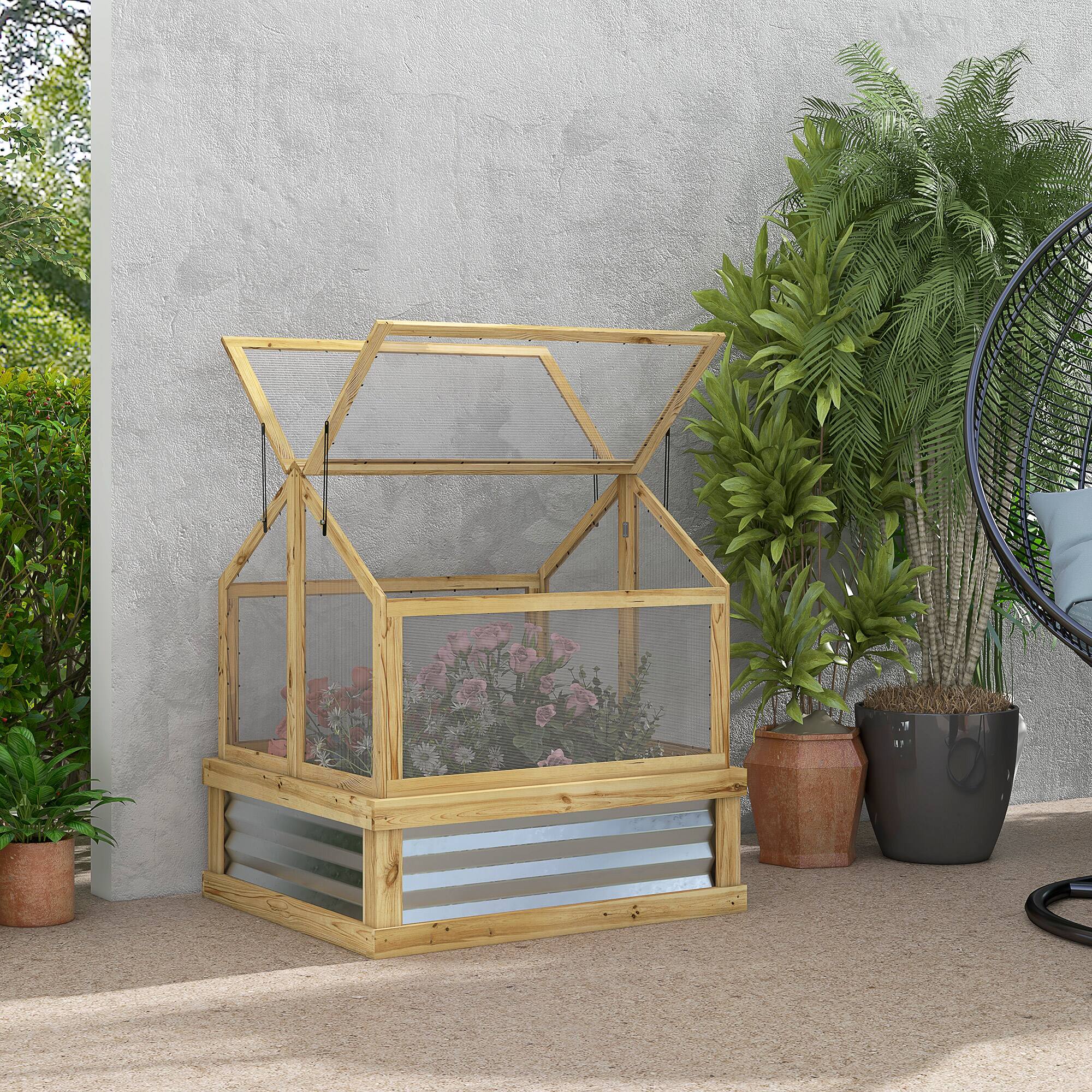 Alt View 1. Outsunny - Raised Garden Flower Bed Kit with Greenhouse, Wooden Cold Frame Planter.