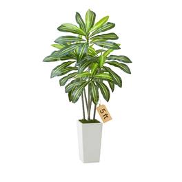 VEVOR - Artificial Dracaena Tree 5 ft, Fake Palm Tropical Plants with White Tall Planter, Faux Floor Silk Plant in Pot - Green