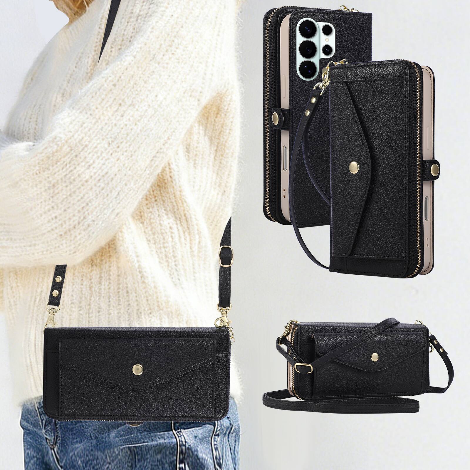 Alt View 5. Dteck - Leather Wallet Phone Case for Samsung Galaxy S26 Ultra with Crossbody Strap, Shockproof Zipper Pocket Mirror Stand Cover - Black.