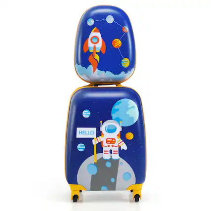 Front. Costway - 2PC Kids Carry On Luggage Set 12'' Backpack & 16'' Rolling Suitcase for Travel - Blue.