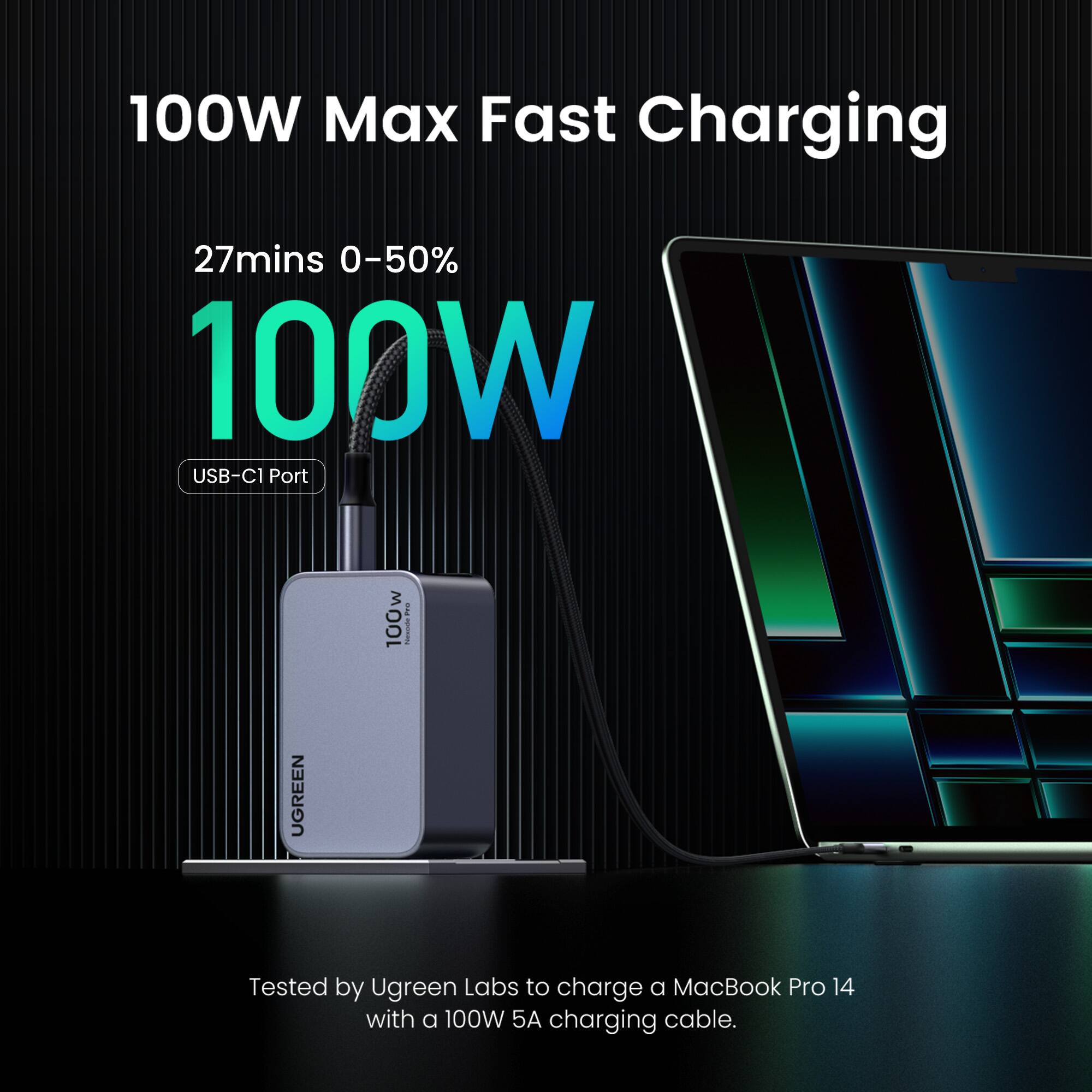 100W Max Fast Charging
27mins 0-50% 100W
USB-C1 Port
UGREEN
Tested by Ugreen Labs to charge a MacBook Pro 14 with a 100W 5A charging cable.