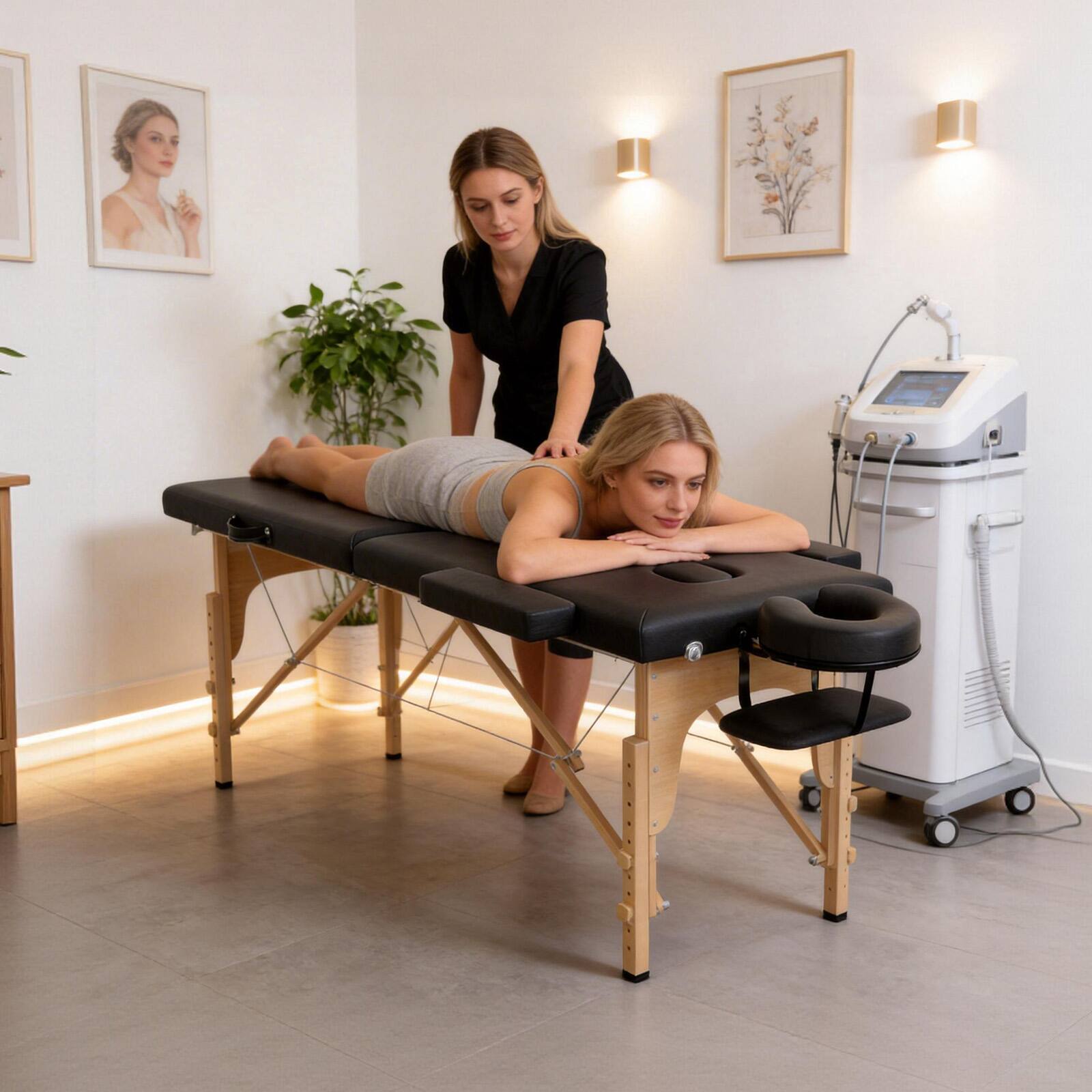 Back. Winado - Portable Foldable Massage Table, 2-Fold Professional Massage Bed w/ Wooden Legs, Adjustable Height, Headrest, Carry Case - Black.