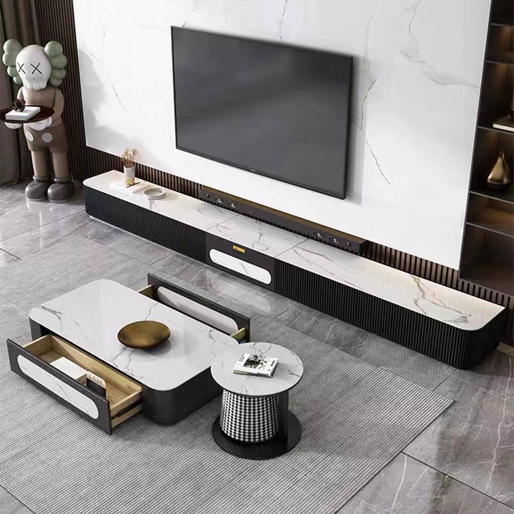 Left. POVISON - 102" Modern TV Stand for Projector, Sintered Stone TV Cabinet with Drawers for Home Theater, Black & White - White & Black.