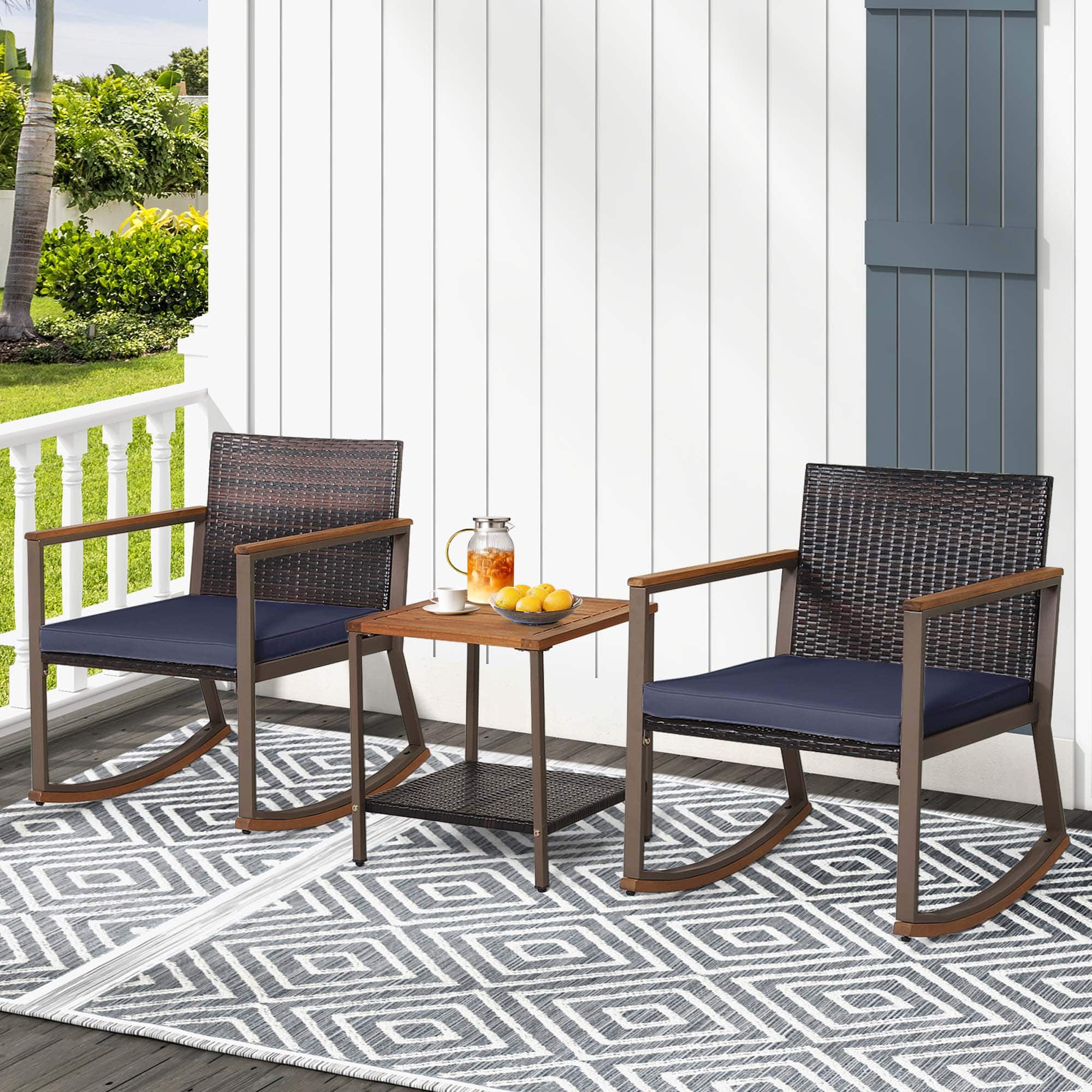 Alt View 3. Costway - 3 PCS Patio Rattan Rocking Chair Bistro Set Armrest Cushion Table with Storage Shelf - Navy.