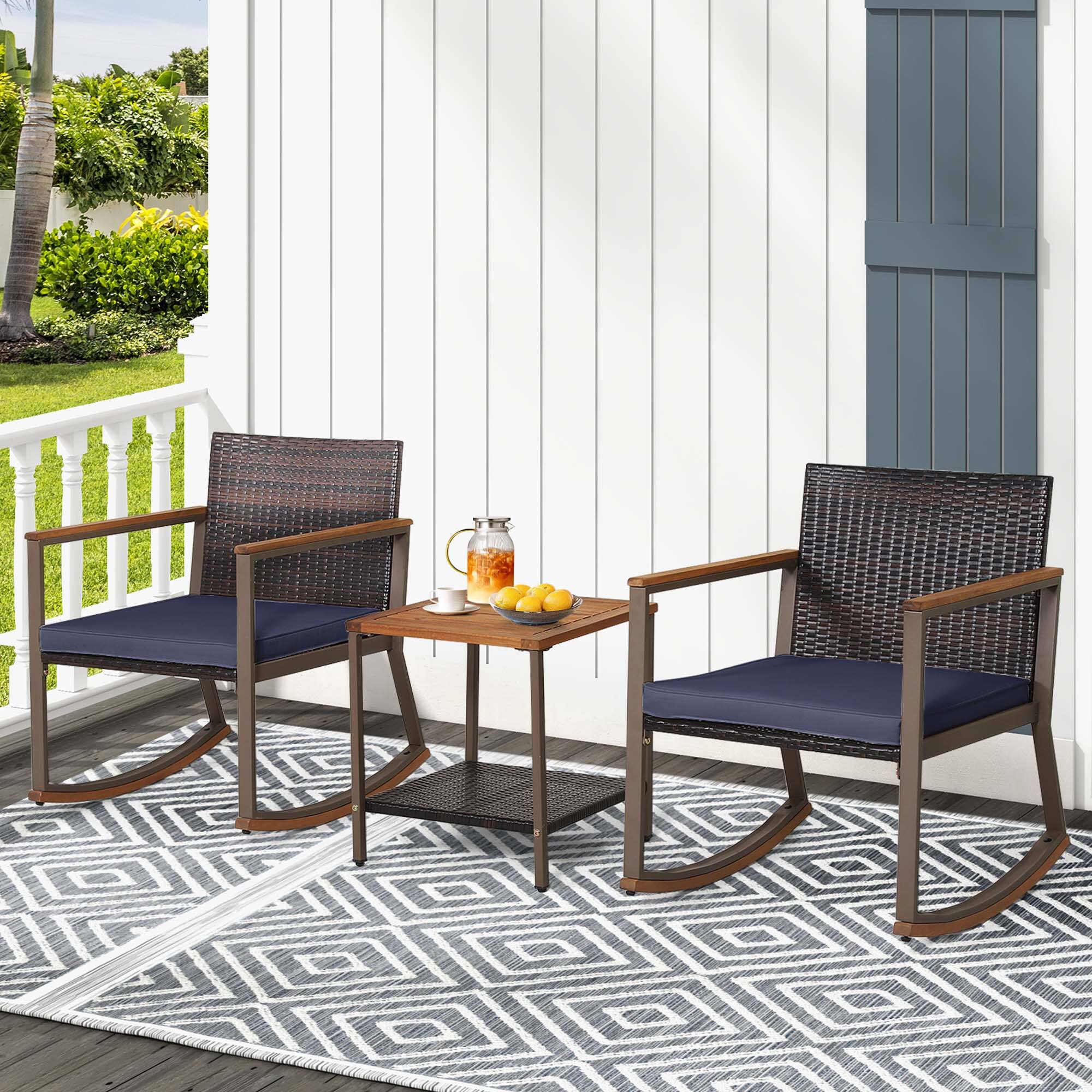 Alt View 3. Costway - 3 PCS Patio Rattan Rocking Chair Bistro Set Armrest Cushion Table with Storage Shelf - Navy.