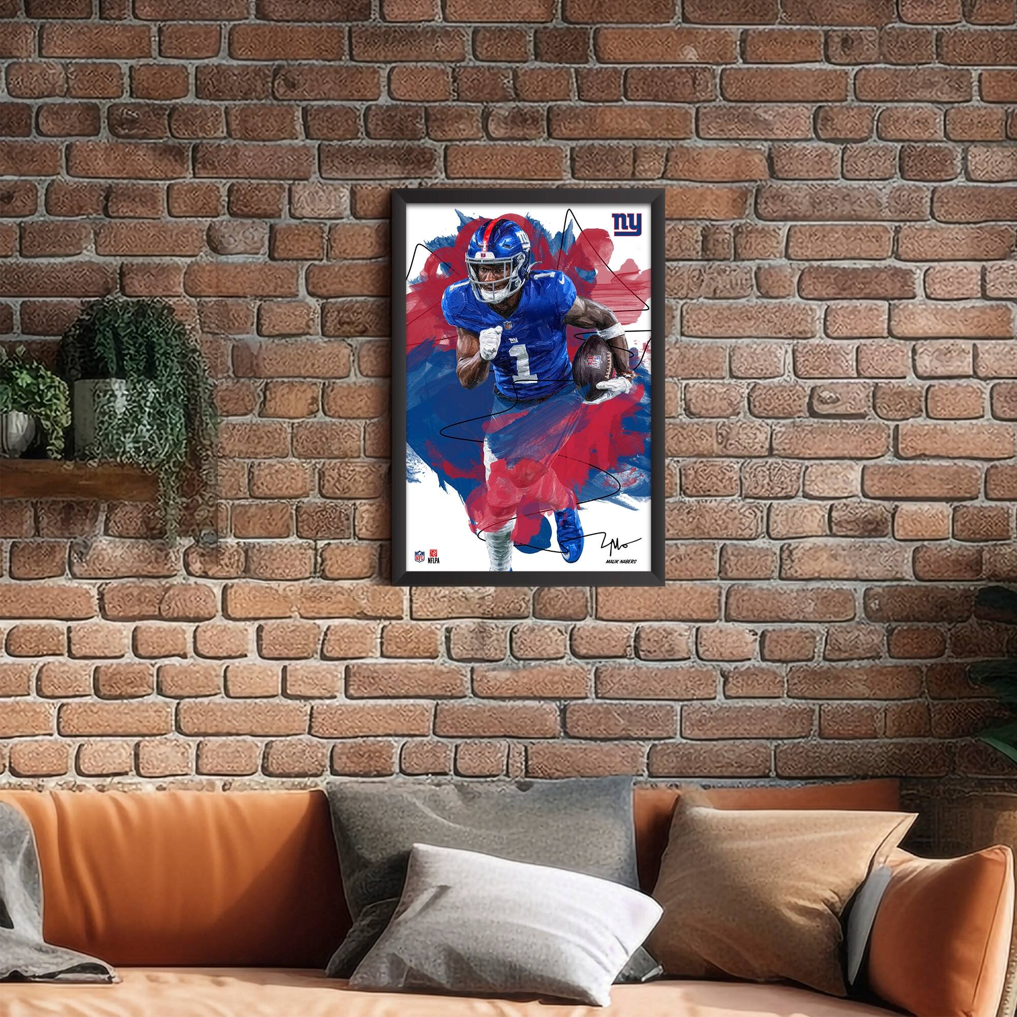 Alt View 1. Sporticulture - Malik Nabers New York Giants 27" x 39" Brush Stroke Player Framed Art Print - Multicolor.