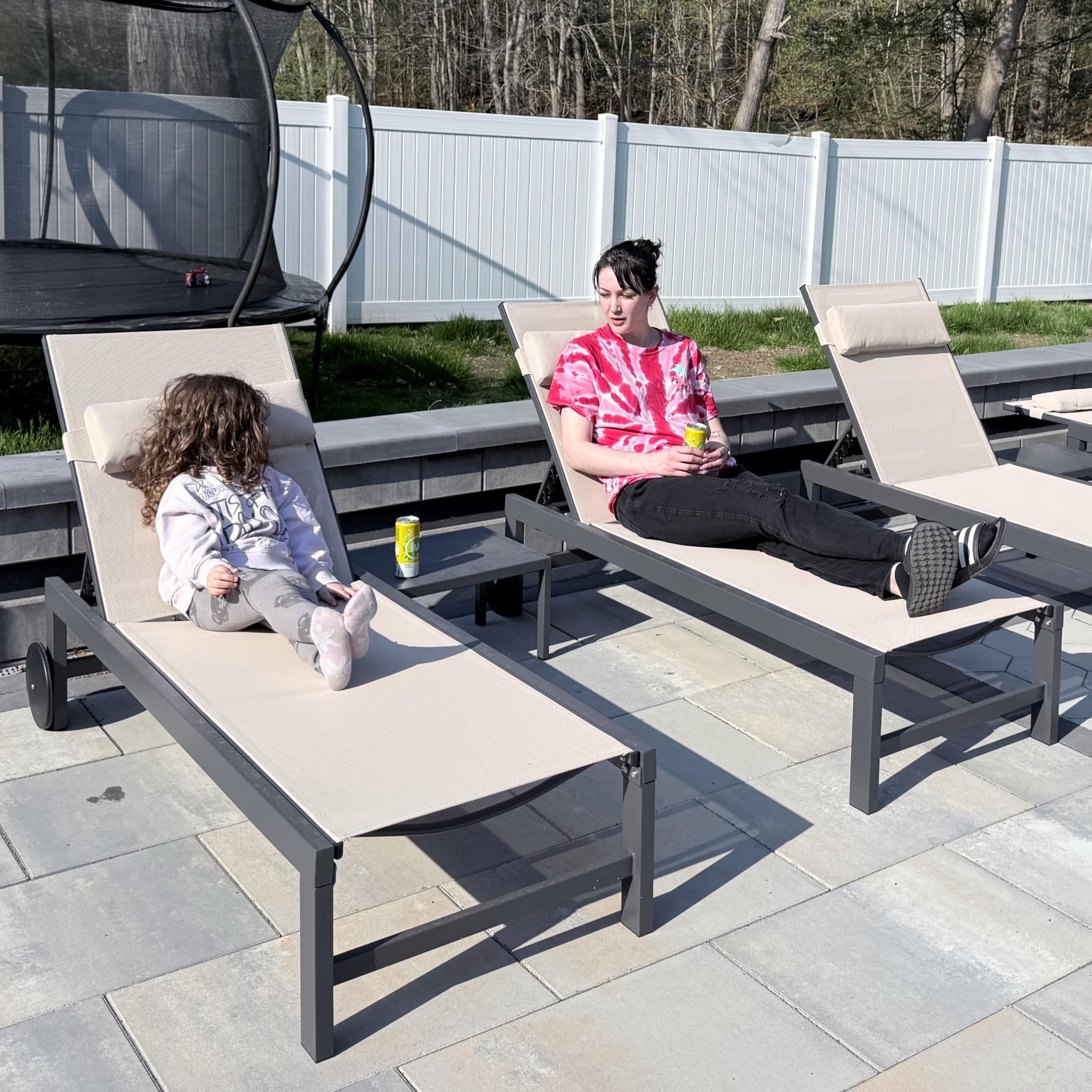 Alt View 2. PURPLE LEAF - 3-Pieces Aluminum Frame with Side Table and Wheels for Outside Sunbathing Tanning Recliner Including Pillows, Beige - Beige.