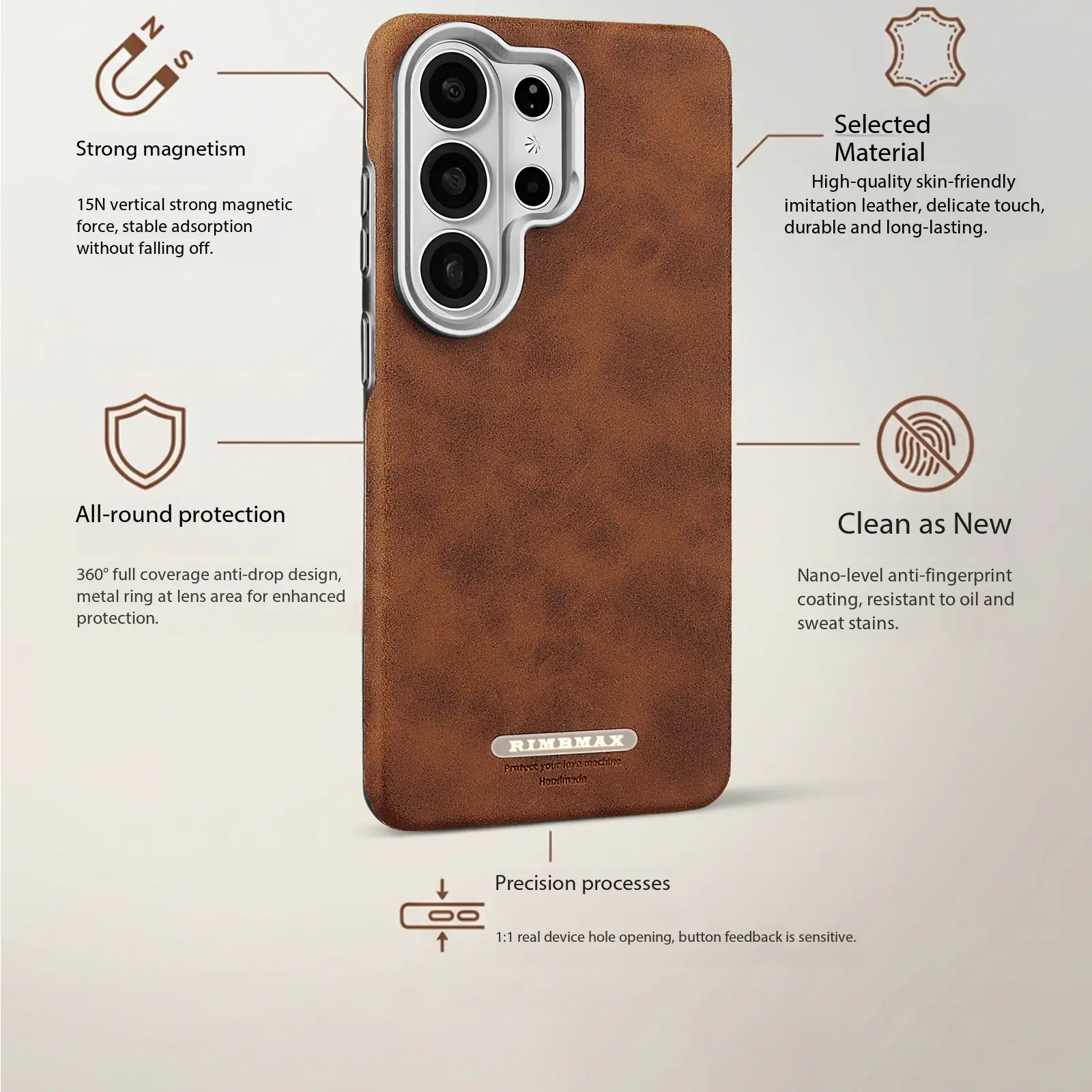 - Strong magnetism: 15N vertical strong magnetic force, stable adsorption without falling off.
- Selected Material: High-quality skin-friendly imitation leather, delicate touch, durable and long-lasting.
- All-round protection: 360° full coverage anti-drop design, metal ring at lens area for enhanced protection.
- Clean as New: Nano-level anti-fingerprint coating, resistant to oil and sweat stains.
- Precision processes: 1:1 real device hole opening, button feedback is sensitive.