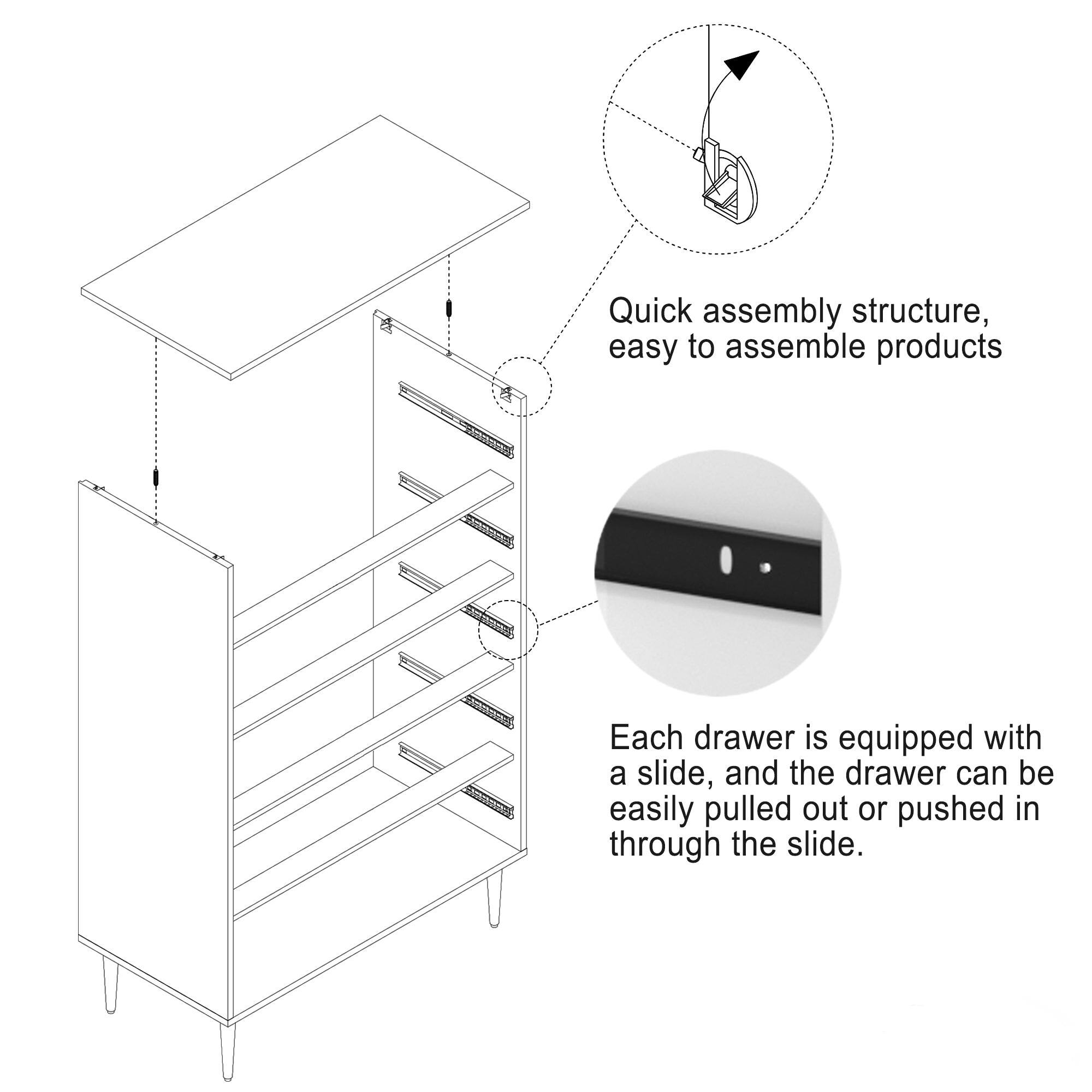 Quick assembly structure, easy to assemble products

Each drawer is equipped with a slide, and the drawer can be easily pulled out or pushed in through the slide.